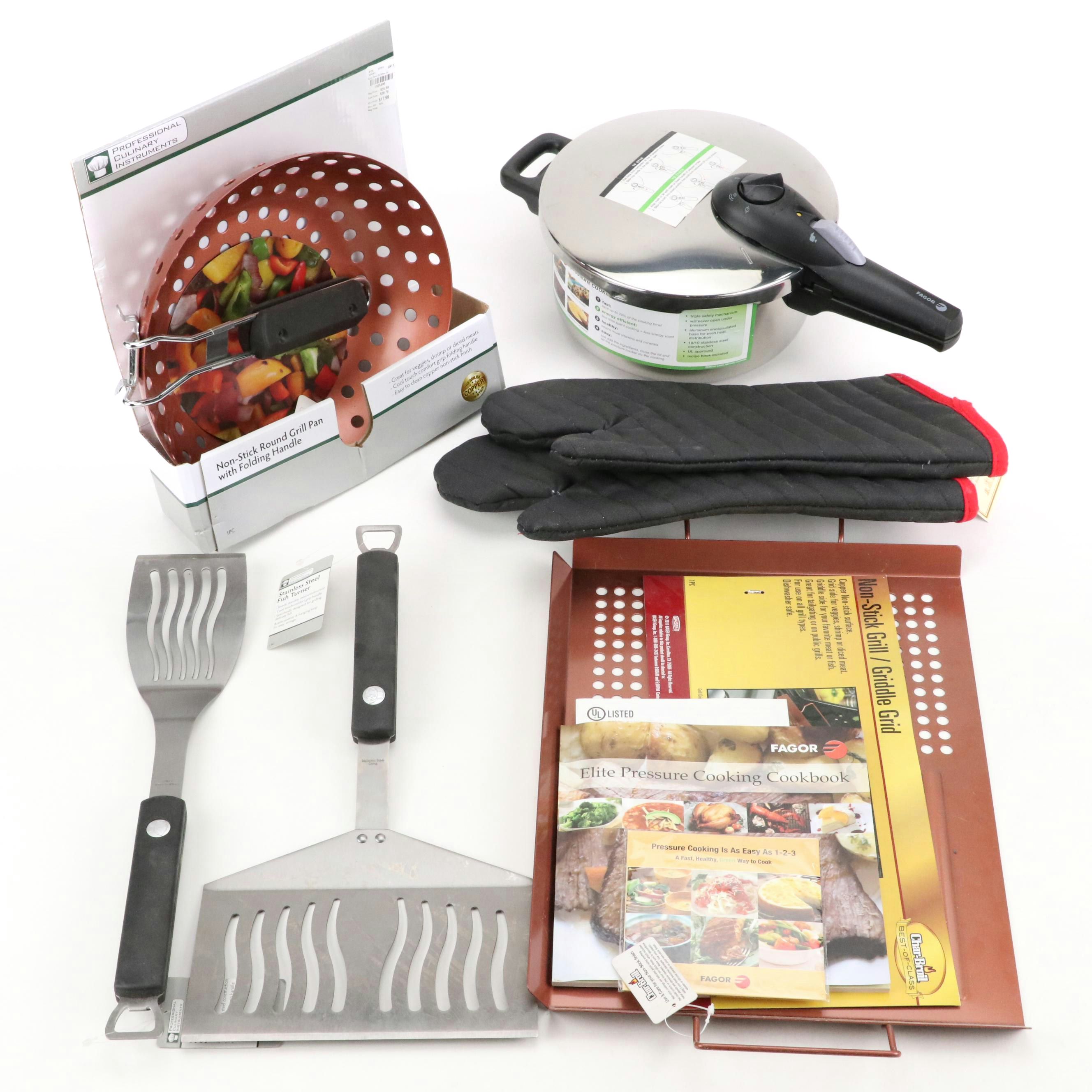 Fagor Pressure Cooker with Other Grill Equipment and Oven Mitts