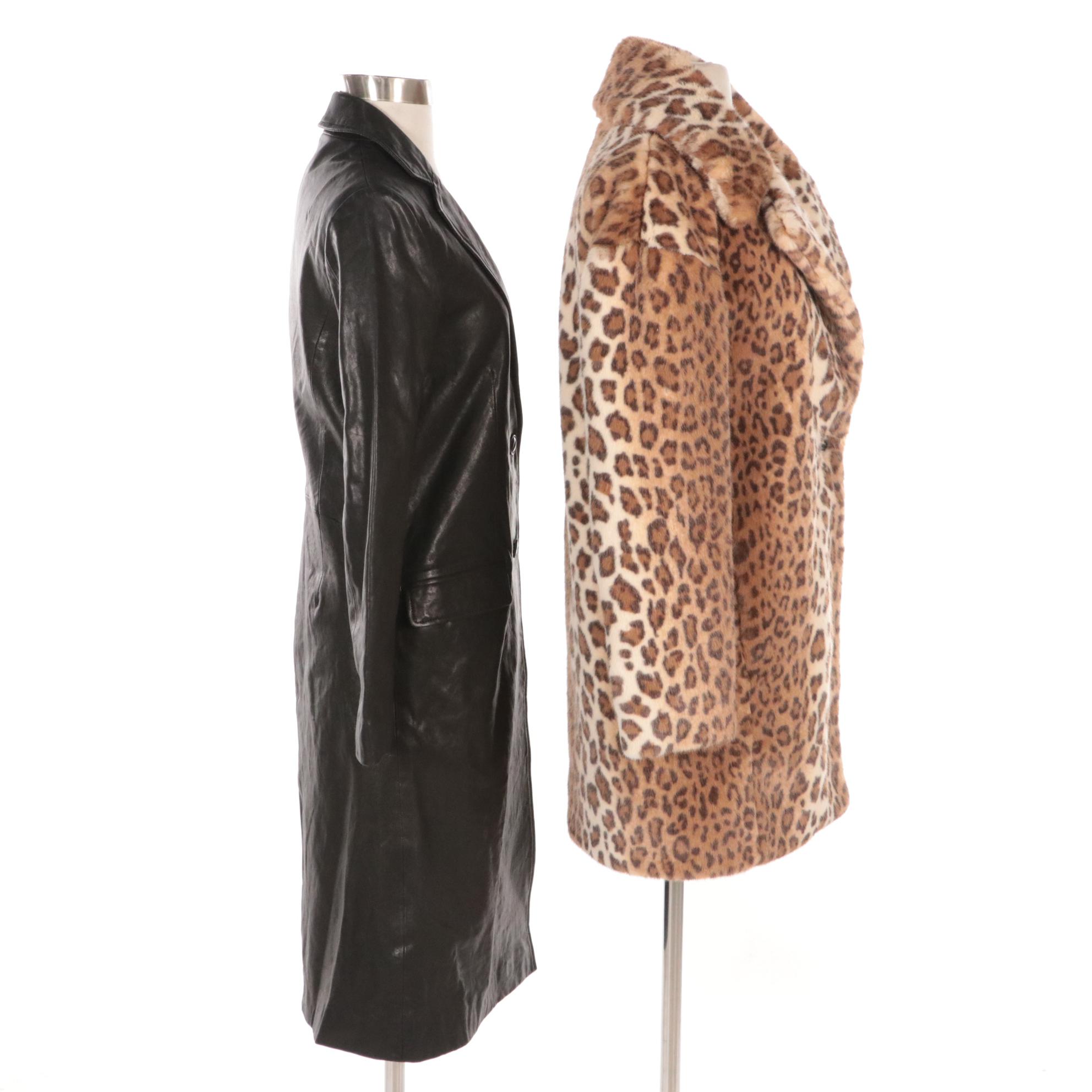 Rag & Bone Black Leather and Faux Leopard Fur Mid-Length Coats