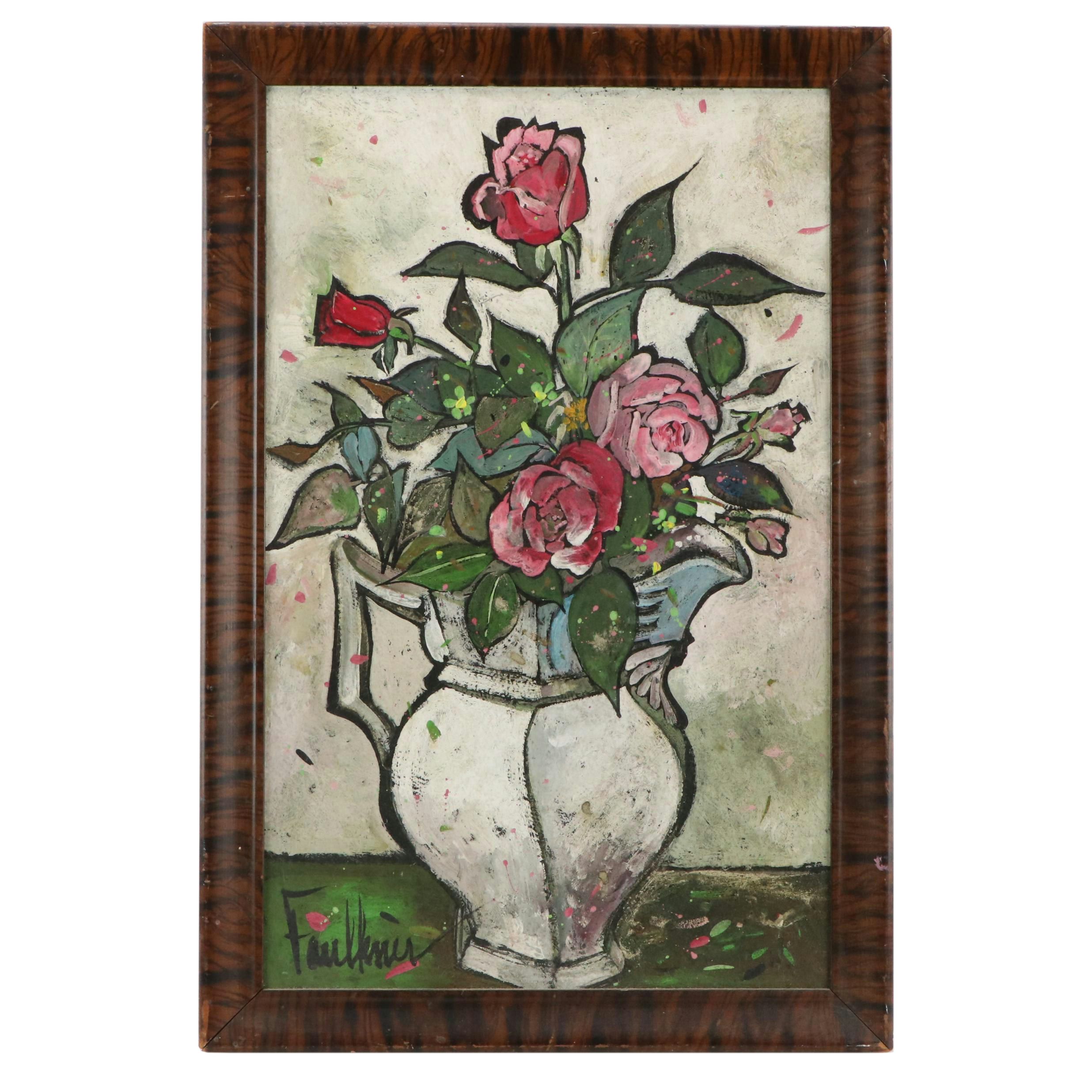 Henry Faulkner Floral Still Life Folk Art Oil Painting, Circa 1975