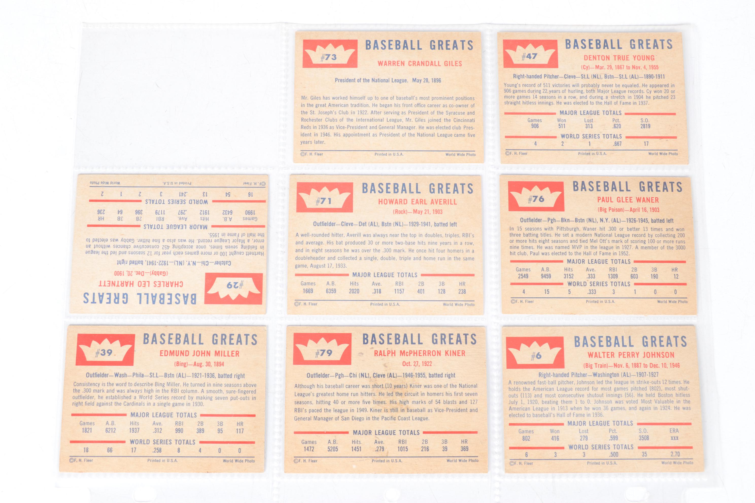 1960 and 1961 Fleer "Baseball Greats" Baseball Cards