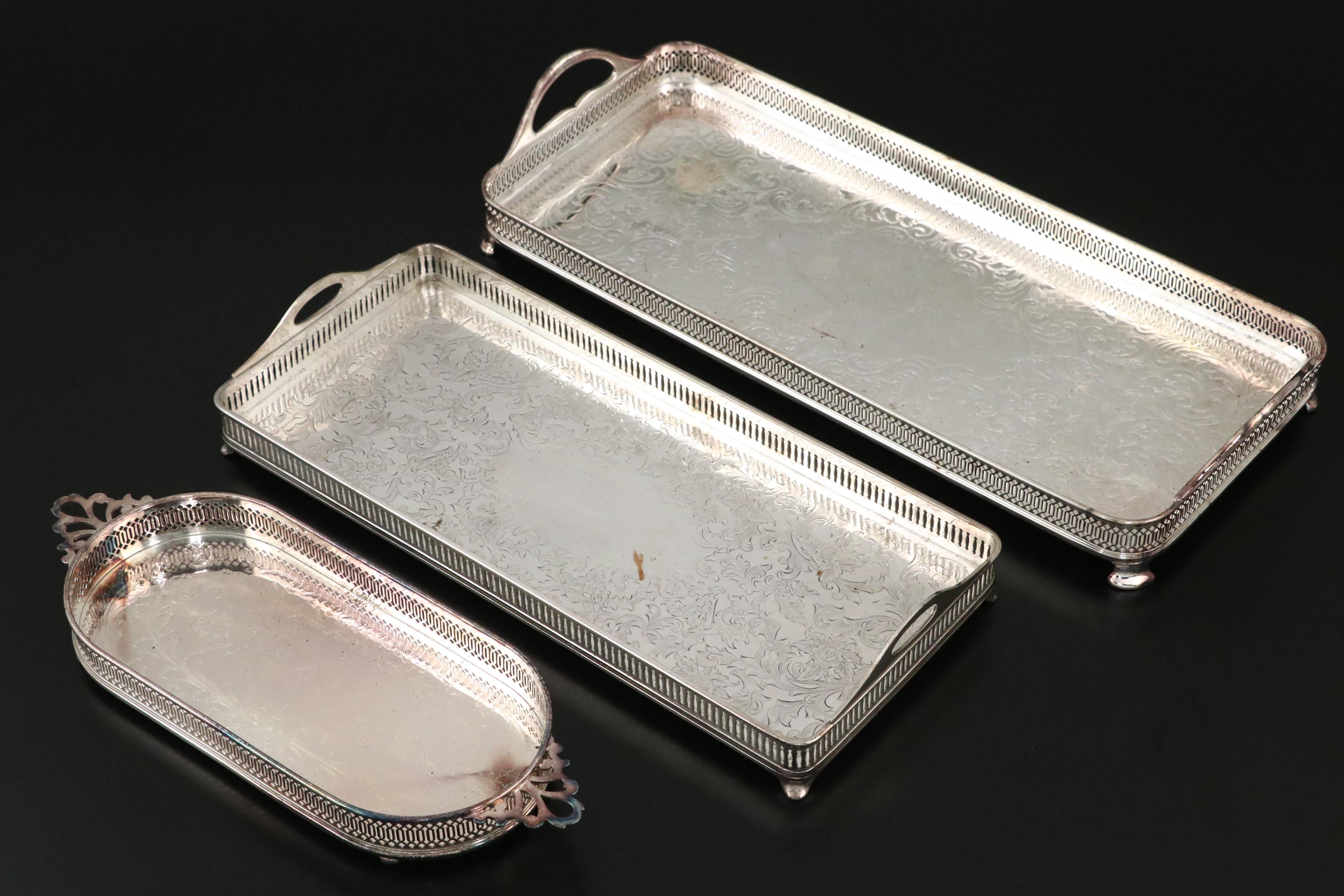 Crescent and Other Silver Plate Gallery Trays, Mid to Late 20th Century