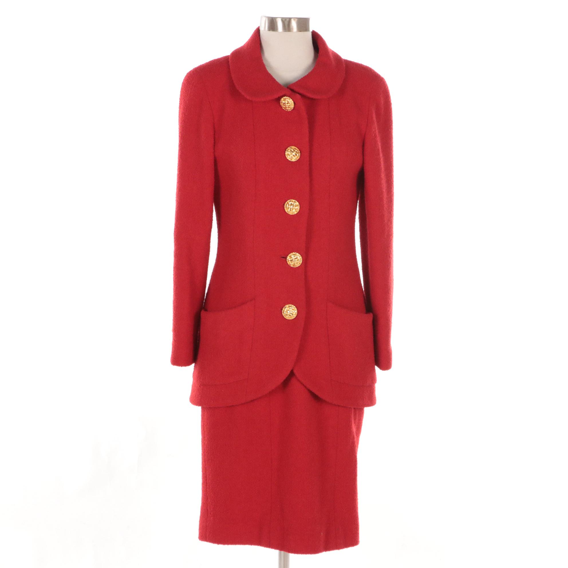 Chanel Boutique Red Bouclé Skirt Suit with Gold Tone Basketweave Buttons