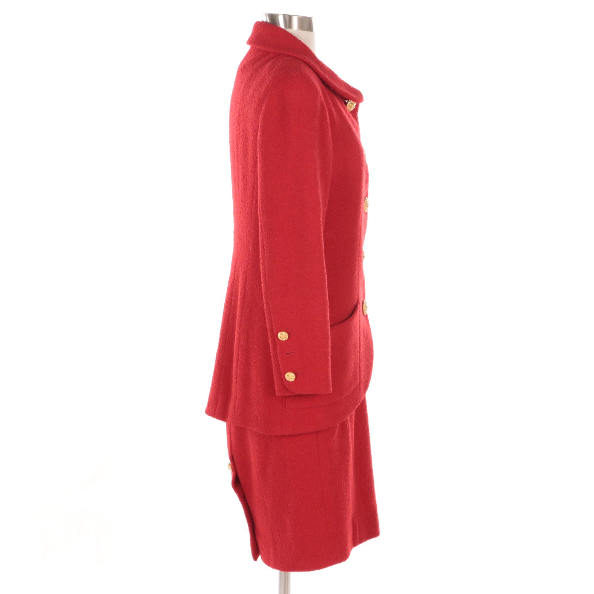 Chanel Boutique Red Bouclé Skirt Suit with Gold Tone Basketweave Buttons