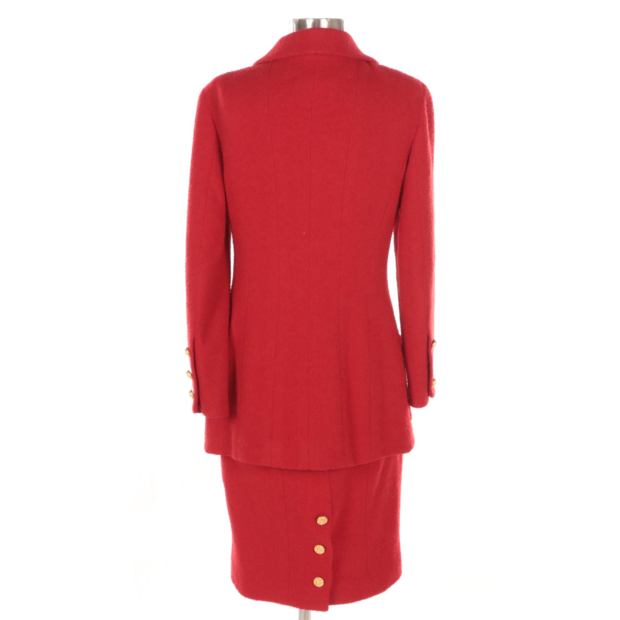 Chanel Boutique Red Bouclé Skirt Suit with Gold Tone Basketweave Buttons