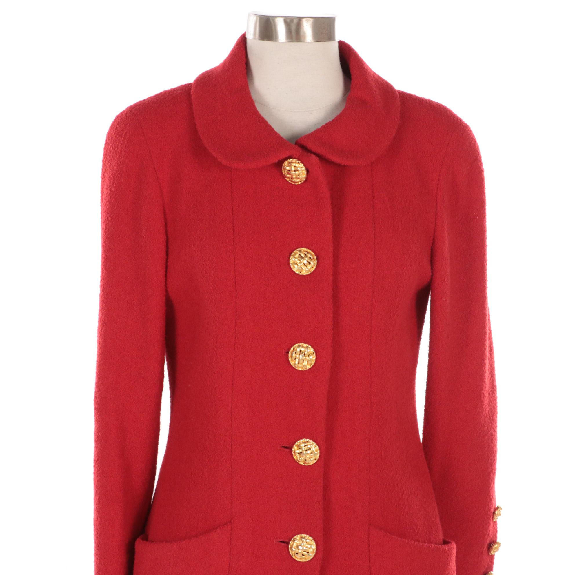 Chanel Boutique Red Bouclé Skirt Suit with Gold Tone Basketweave Buttons