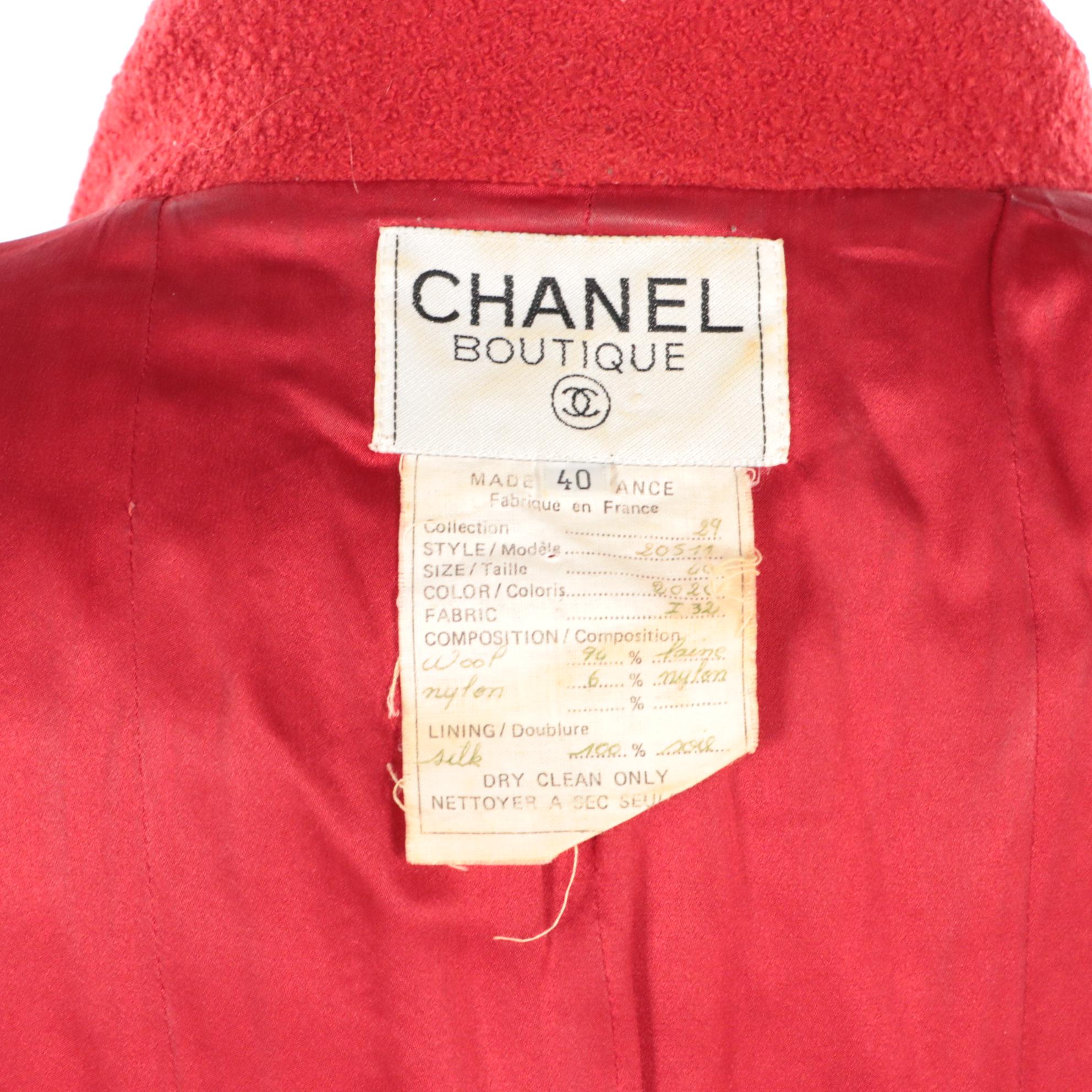 Chanel Boutique Red Bouclé Skirt Suit with Gold Tone Basketweave Buttons