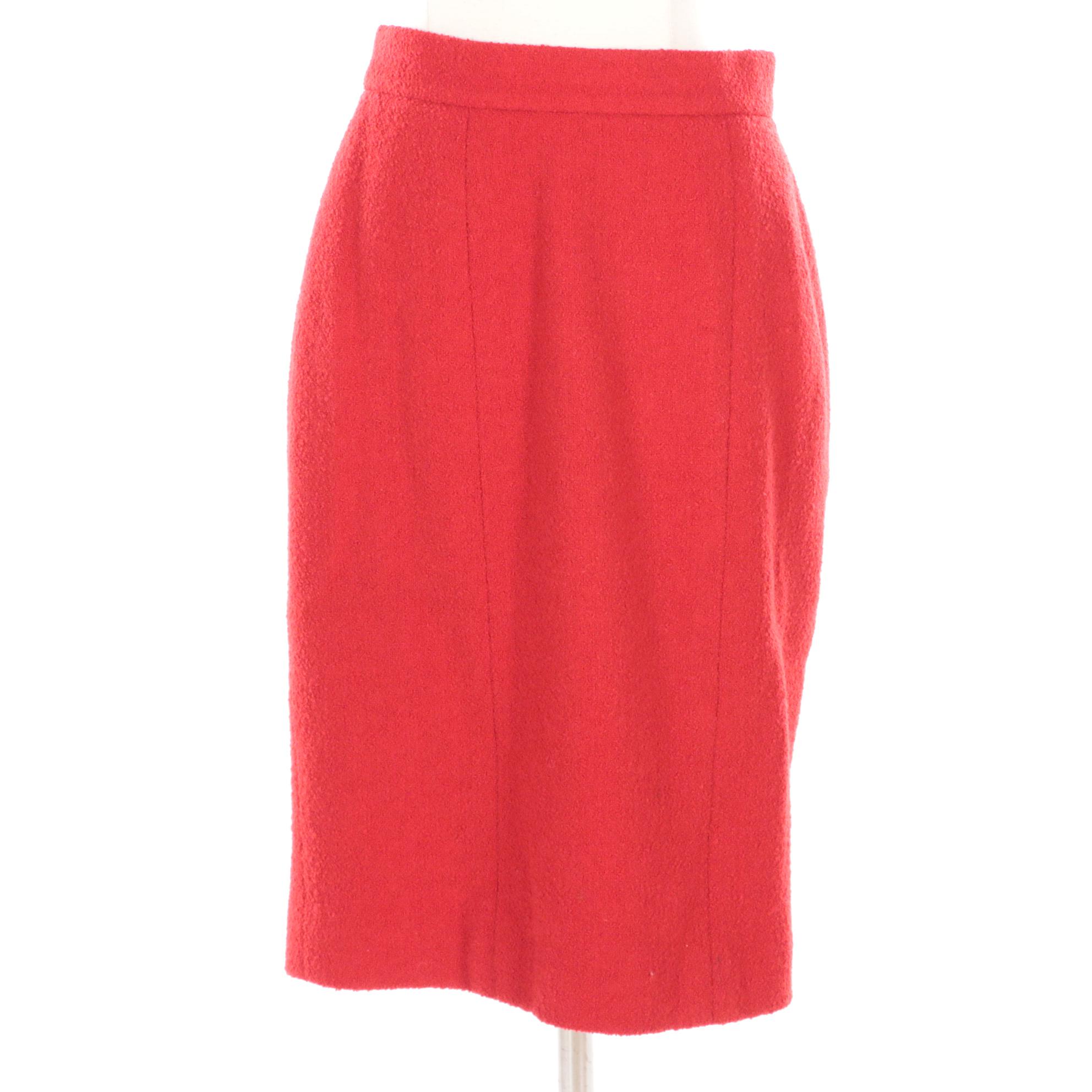 Chanel Boutique Red Bouclé Skirt Suit with Gold Tone Basketweave Buttons