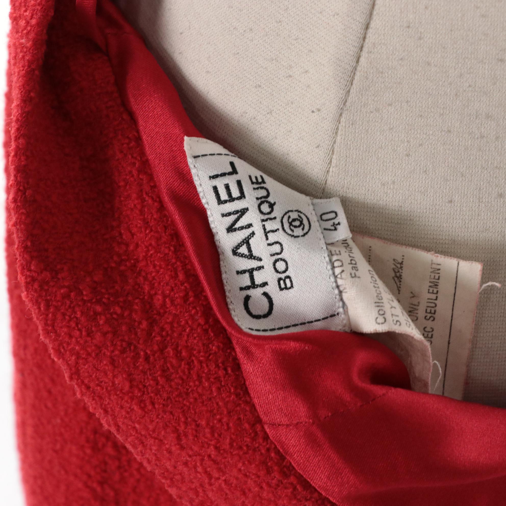 Chanel Boutique Red Bouclé Skirt Suit with Gold Tone Basketweave Buttons