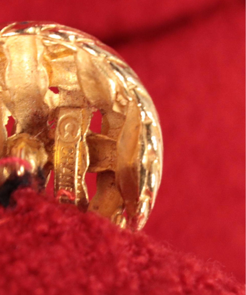 Chanel Boutique Red Bouclé Skirt Suit with Gold Tone Basketweave Buttons