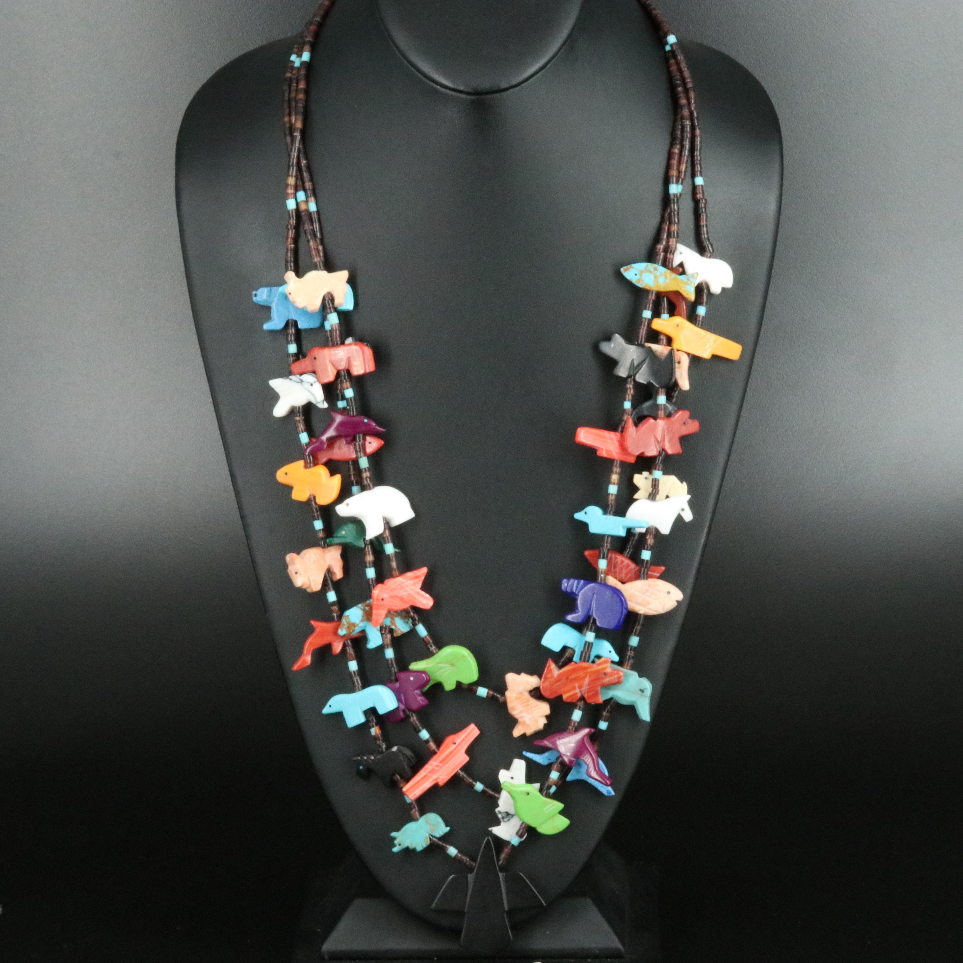 Tiered Three Strand Fetish Necklace Including Shell and Calcite