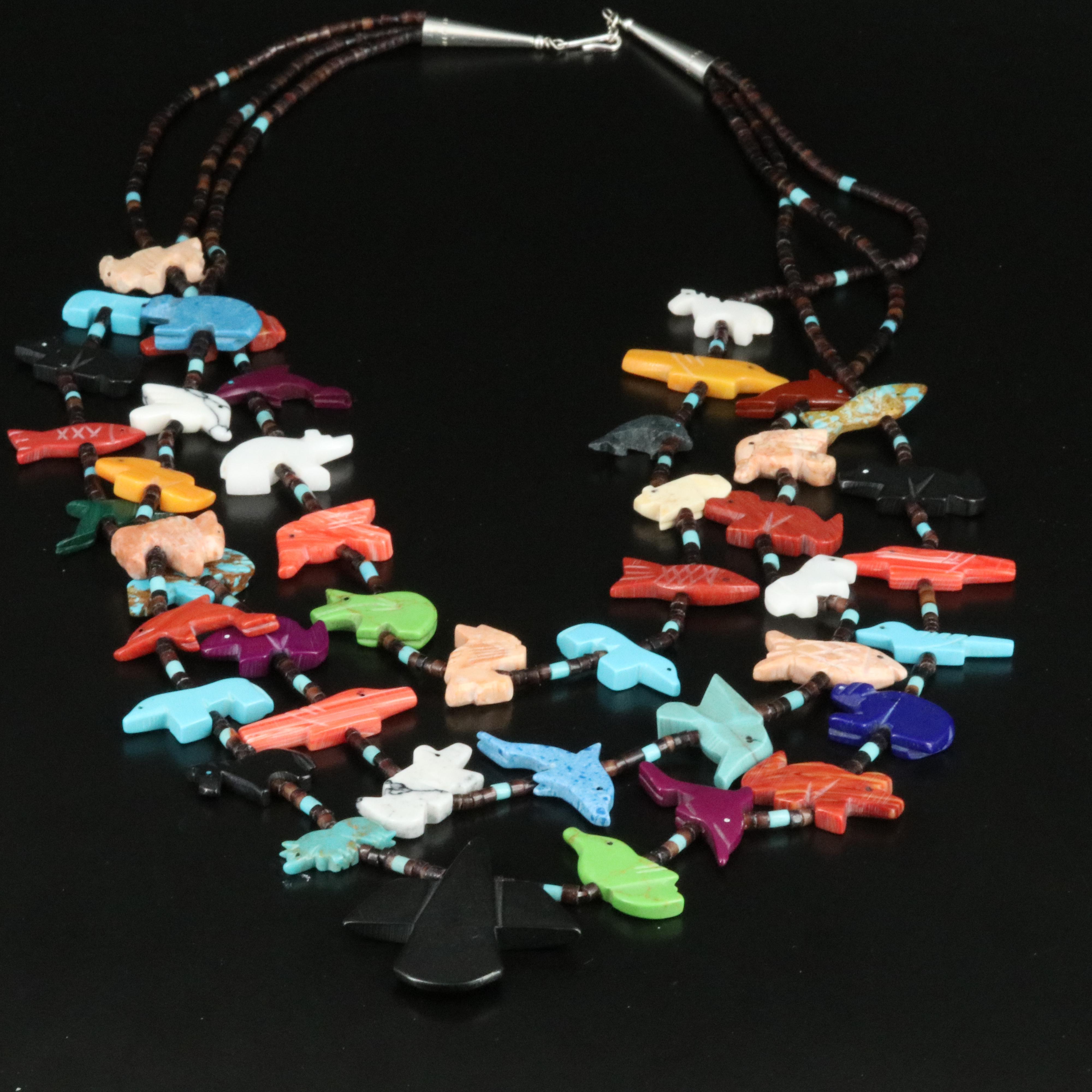 Tiered Three Strand Fetish Necklace Including Shell and Calcite