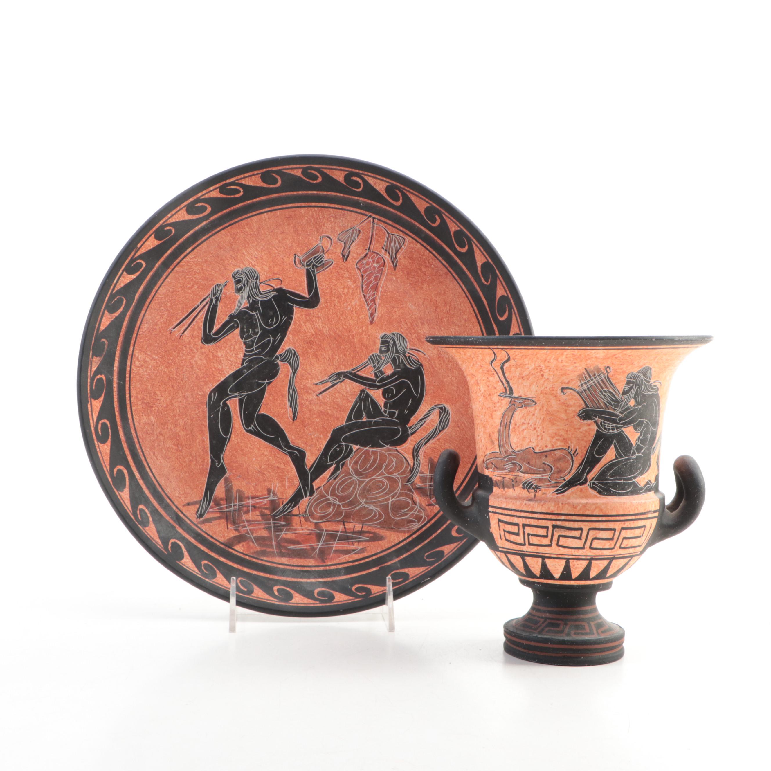 Greek Black Figure Pottery Charger and Urn