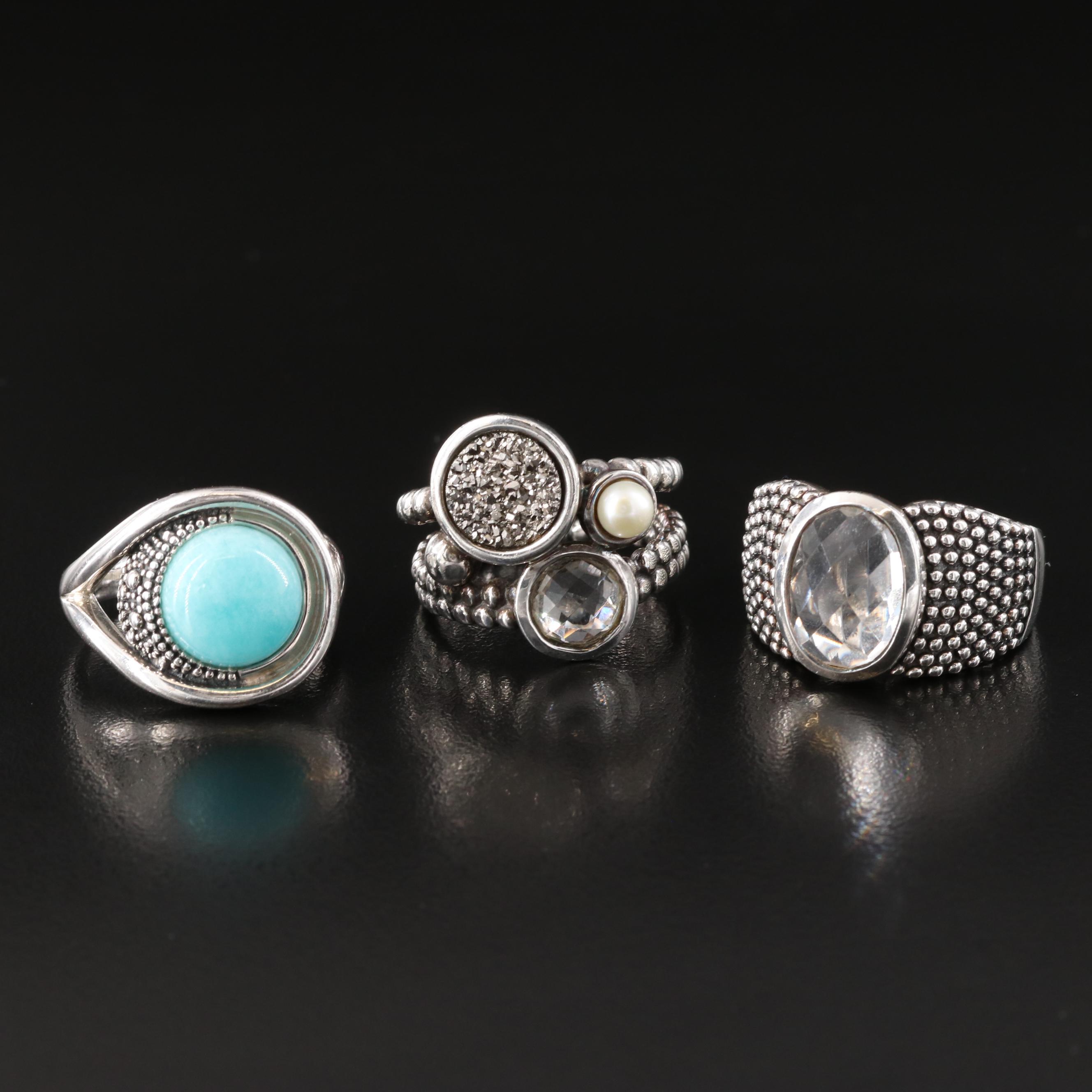 Michael Dawkins Sterling Rings with Rock Quartz, Druzy and Amazonite