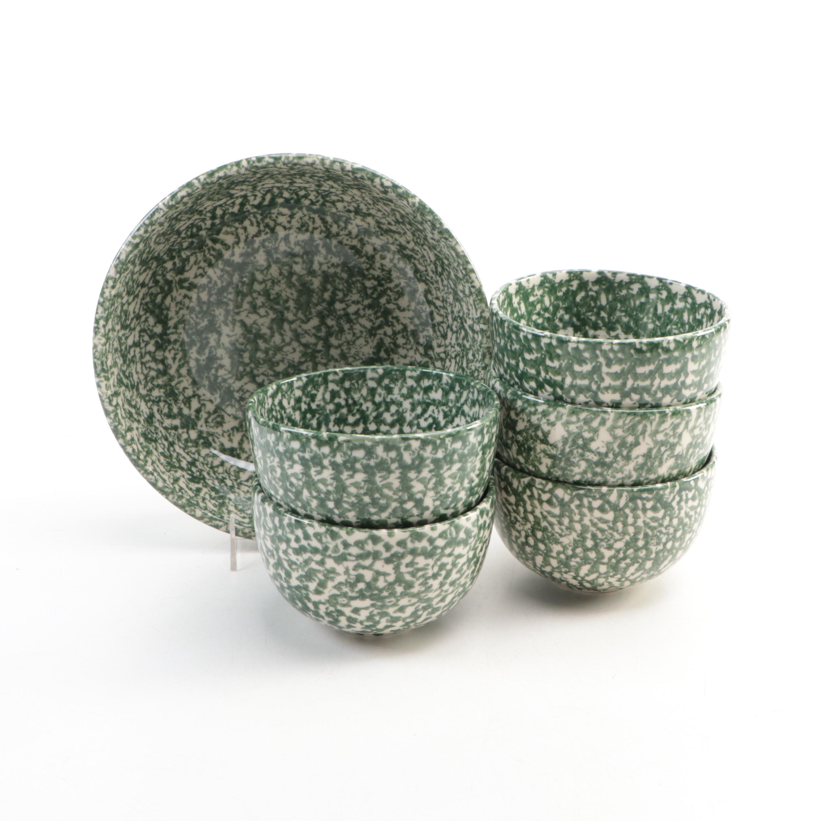 Roseville Pottery Green Spongeware Serving and Soup Bowls