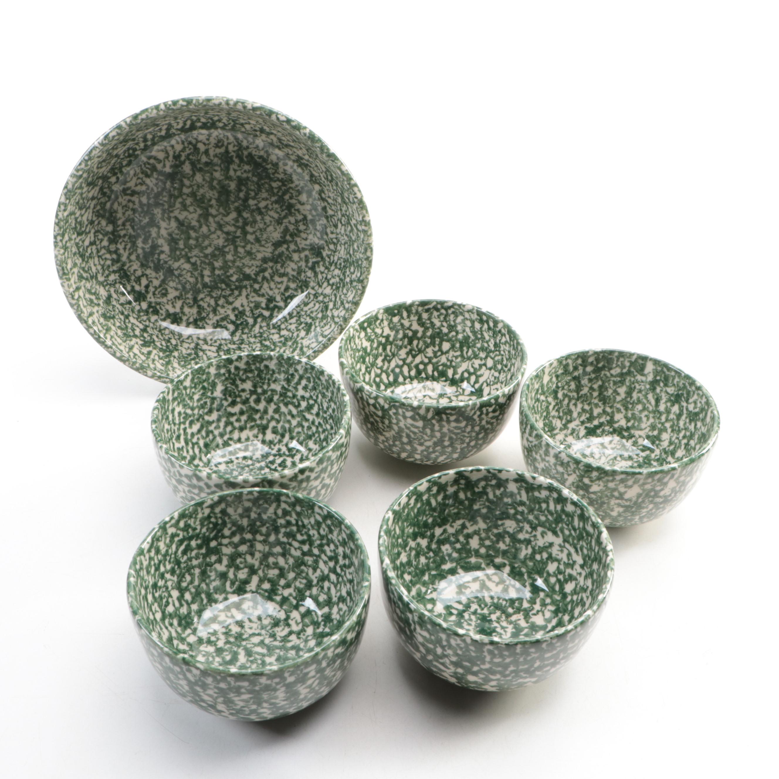 Roseville Pottery Green Spongeware Serving and Soup Bowls
