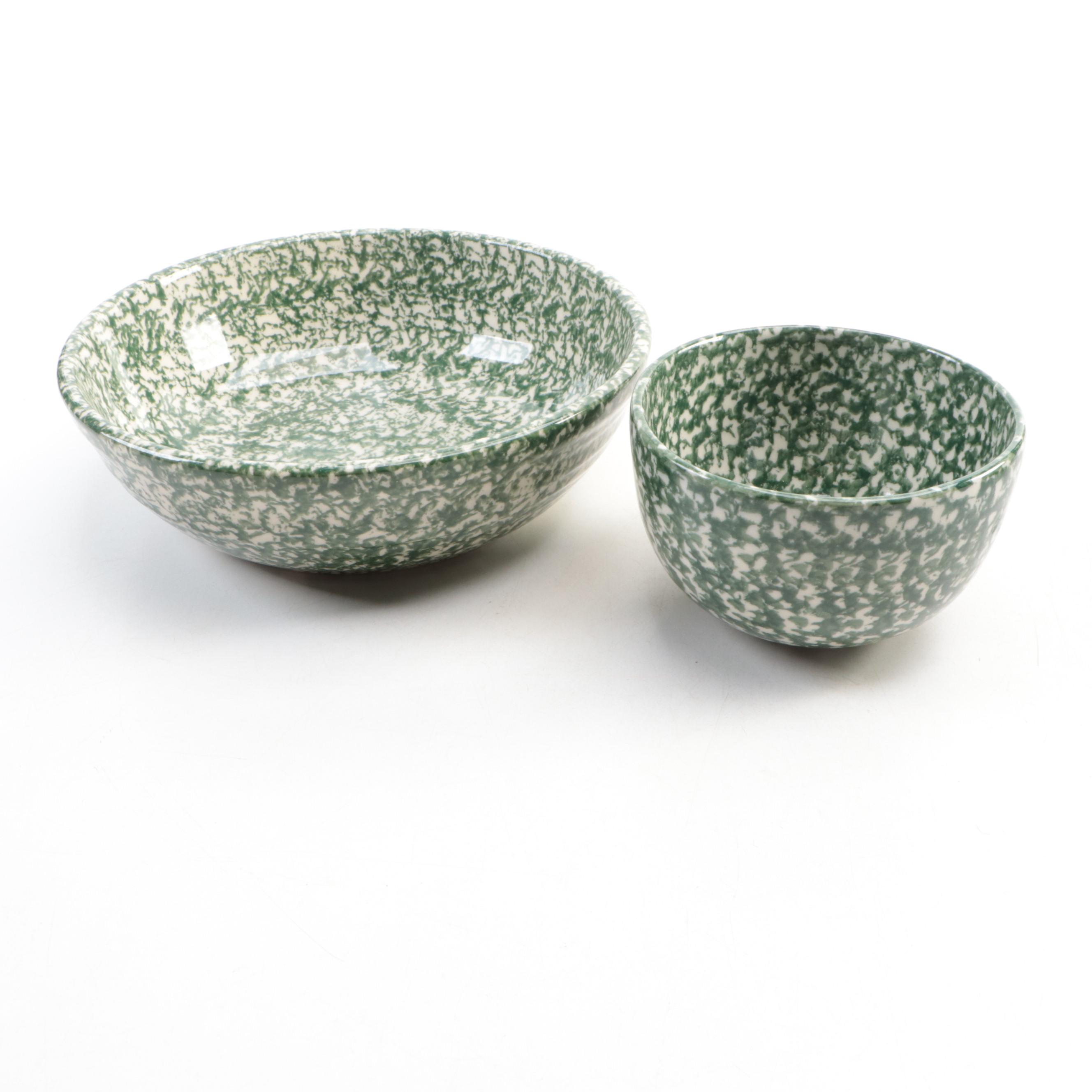 Roseville Pottery Green Spongeware Serving and Soup Bowls