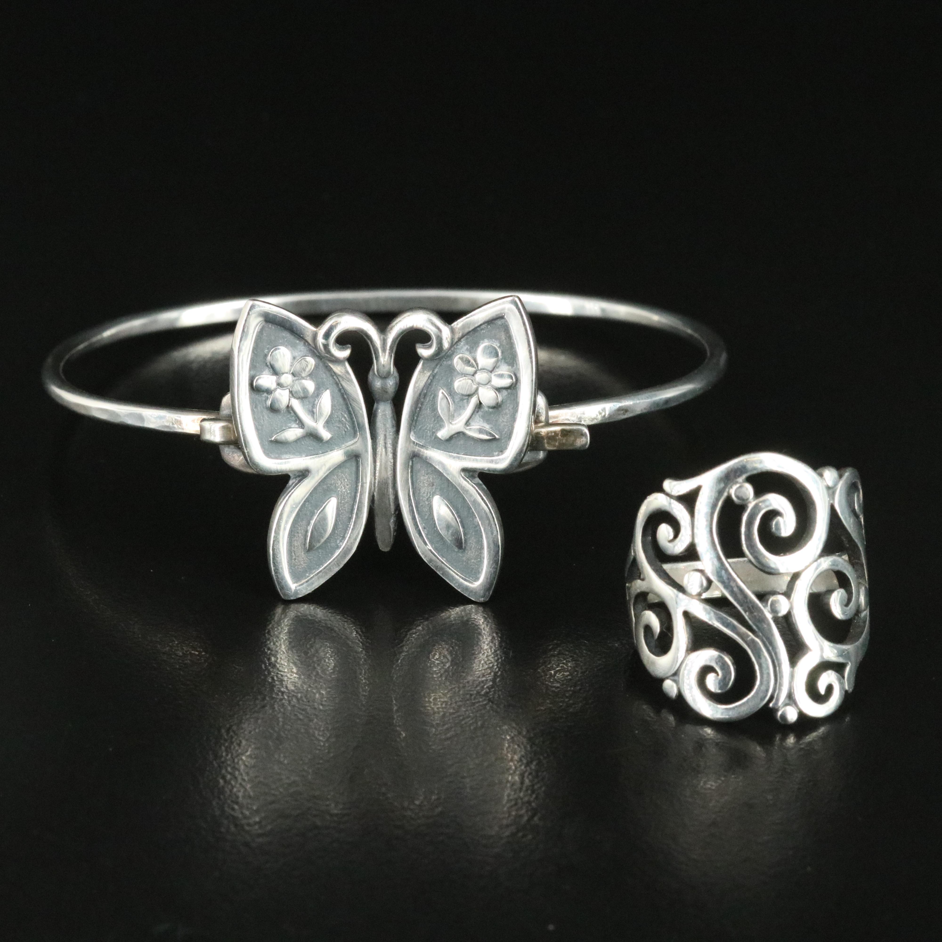 James Avery Sterling Scroll Ring and Butterfly Bracelet