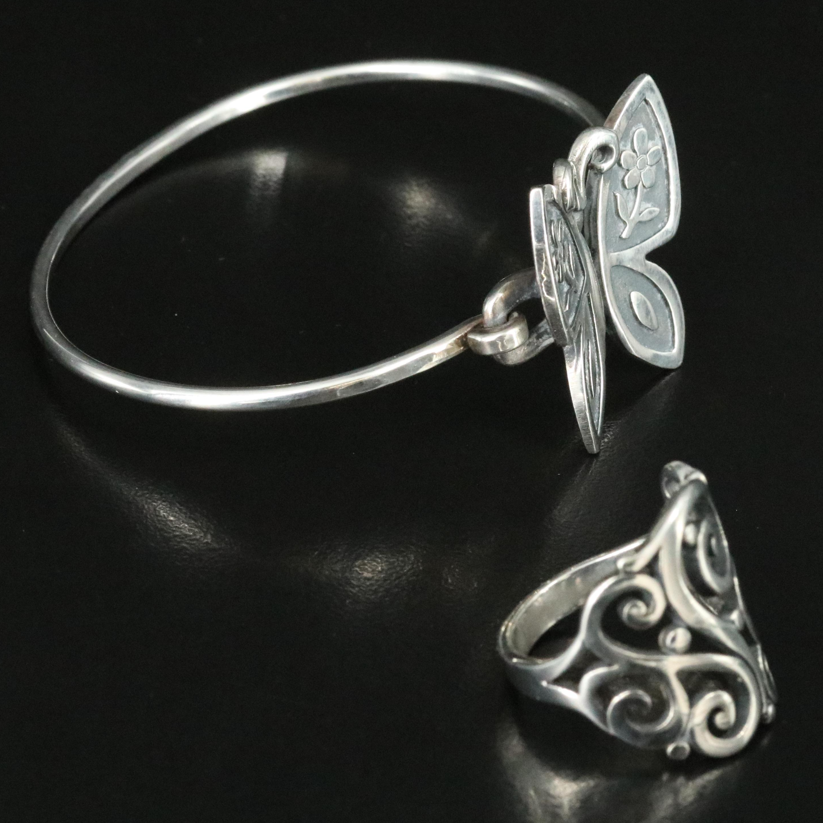 James Avery Sterling Scroll Ring and Butterfly Bracelet