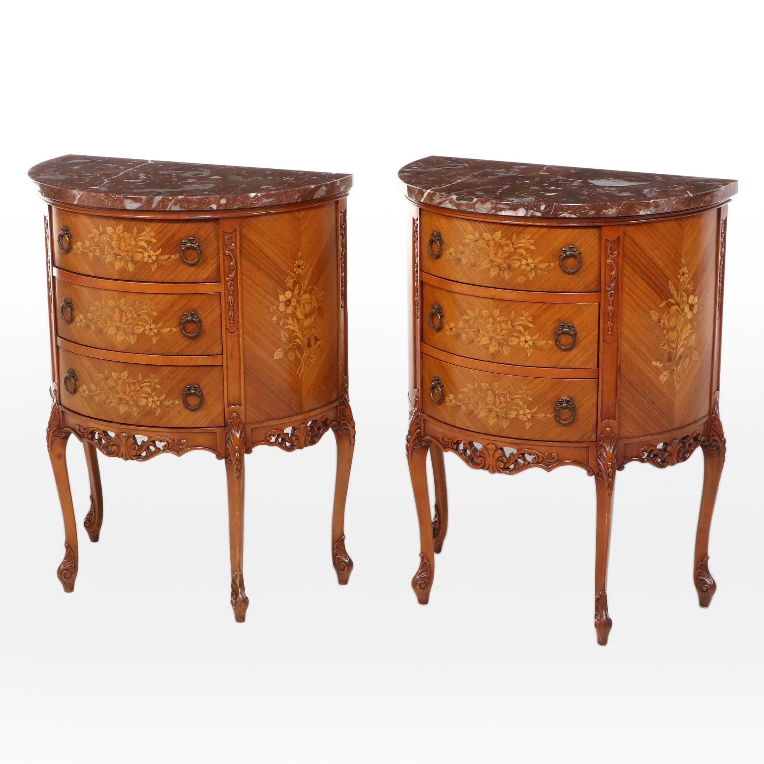 Alonzi Louis XV Style Marquetry Wood and Marble Nightstands, Mid-20th Century