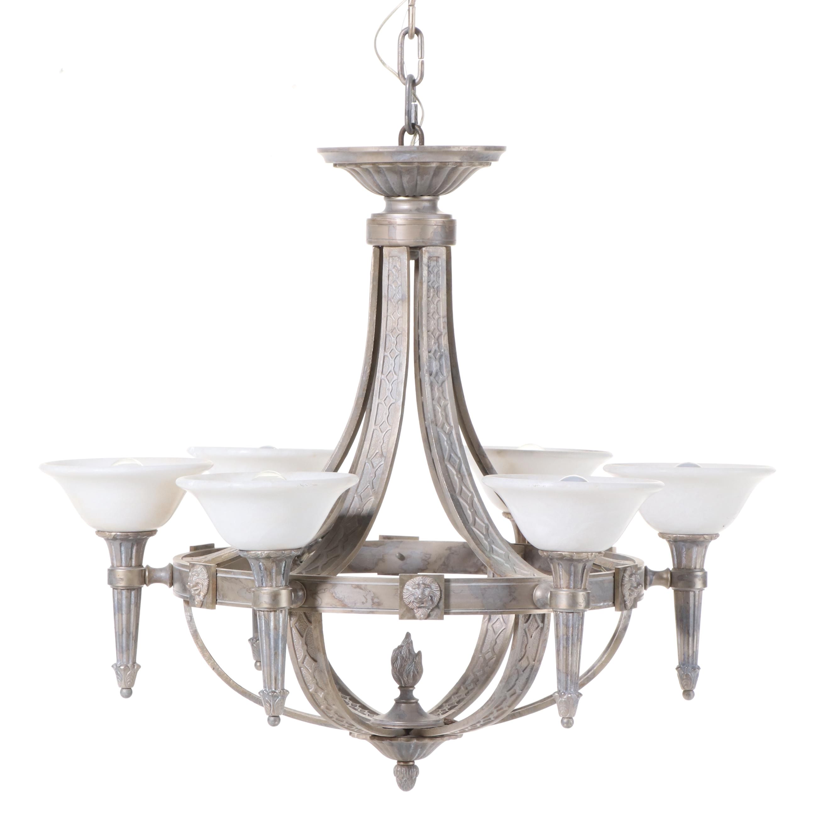 Empire Style Marbleized Metal Six-Sconce Drum Chandelier with Satin Glass Shades
