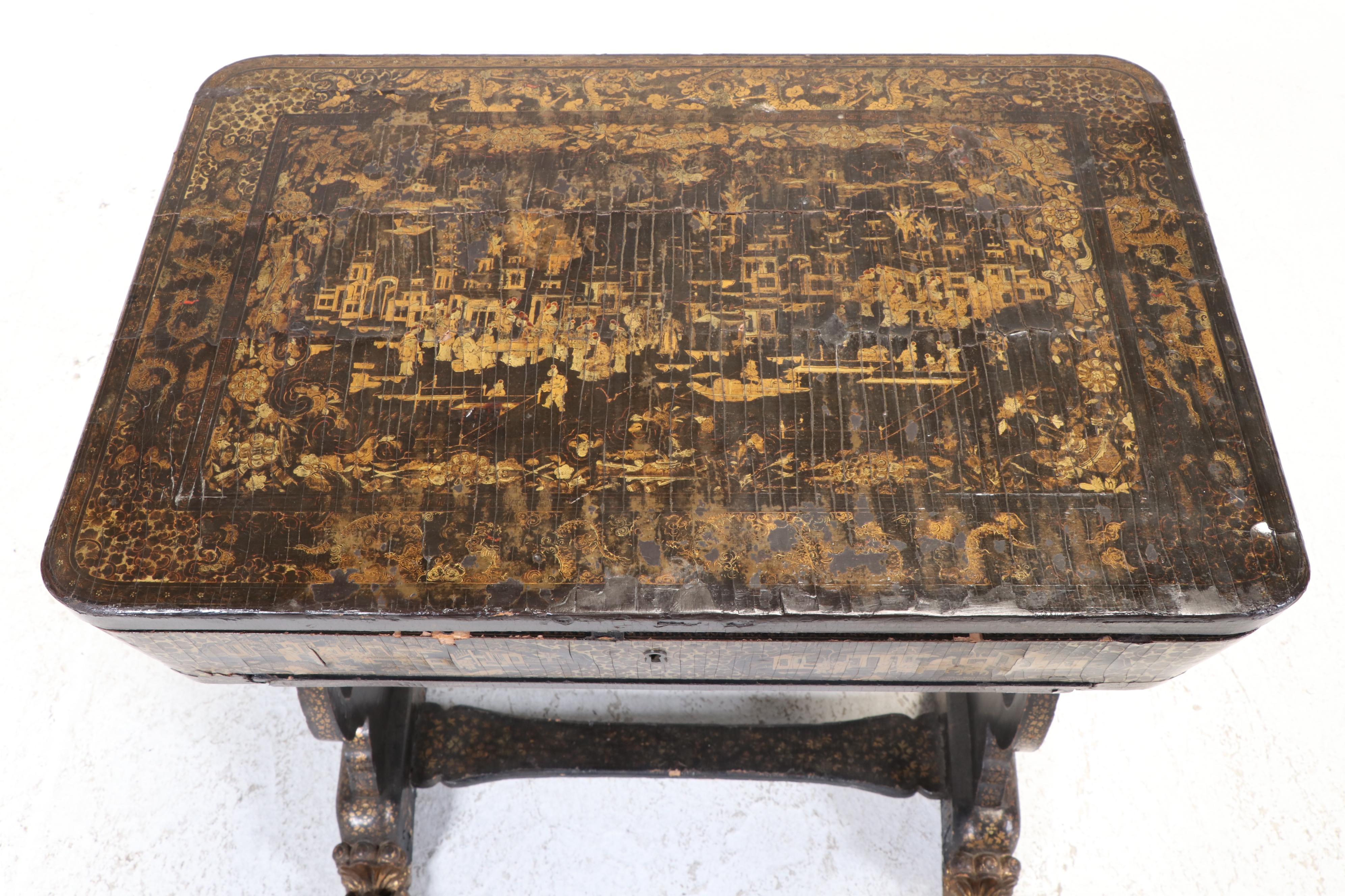 Chinese Black and Gilt-Lacquered Sewing Table, 19th Century