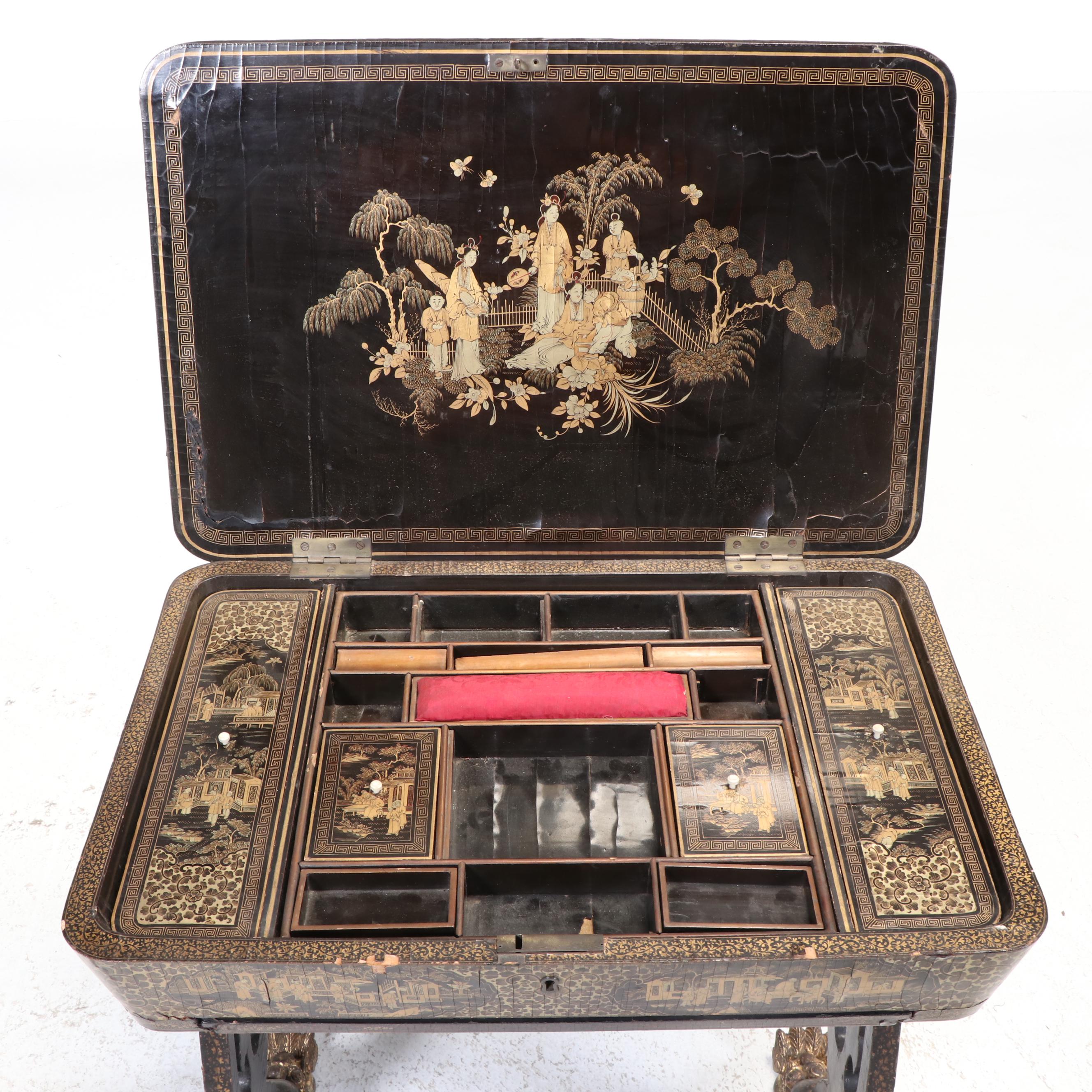 Chinese Black and Gilt-Lacquered Sewing Table, 19th Century