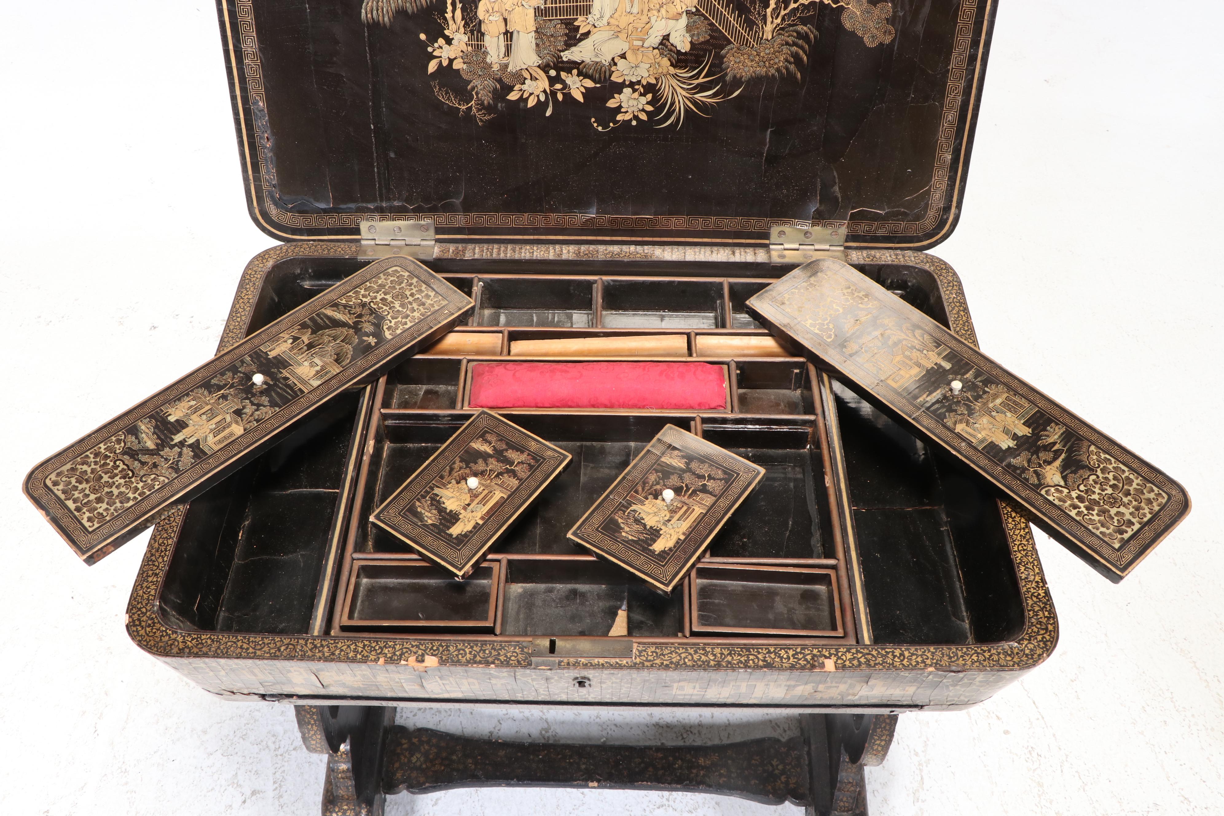 Chinese Black and Gilt-Lacquered Sewing Table, 19th Century