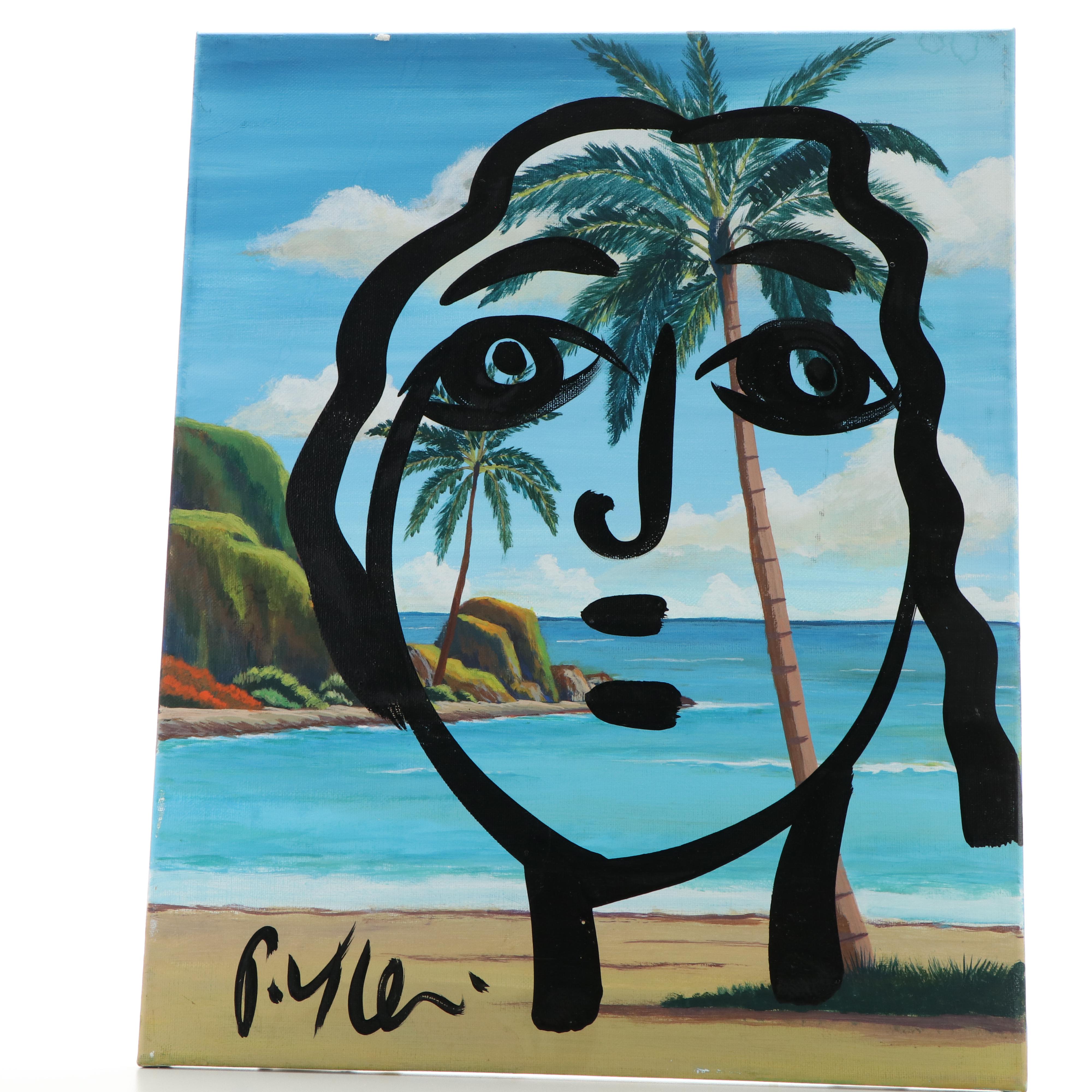 Peter Keil Abstract Acrylic Portrait Over Tropical Beach Scene
