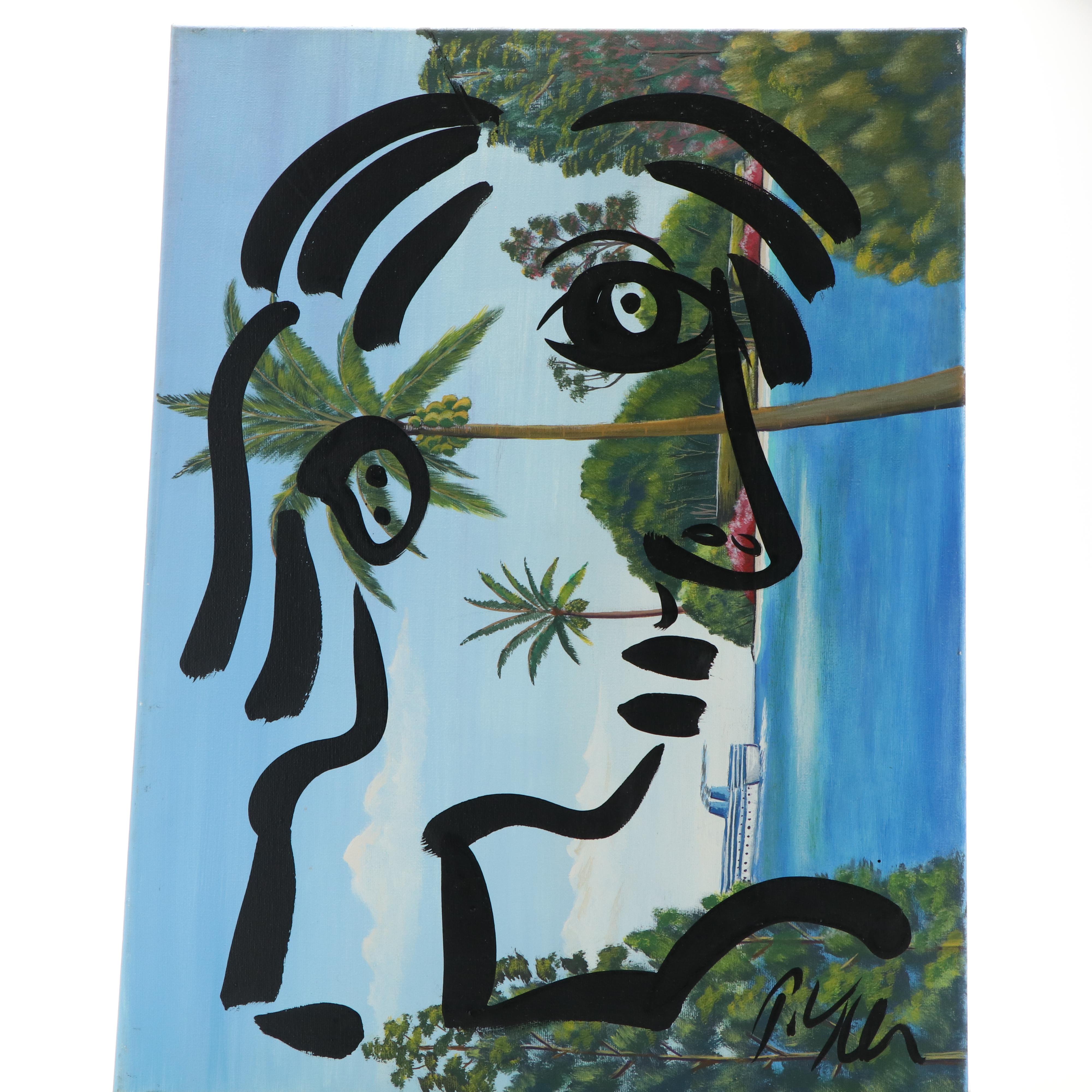 Peter Keil Abstract Acrylic Portrait Over Landscape Painting of Caribbean Harbor