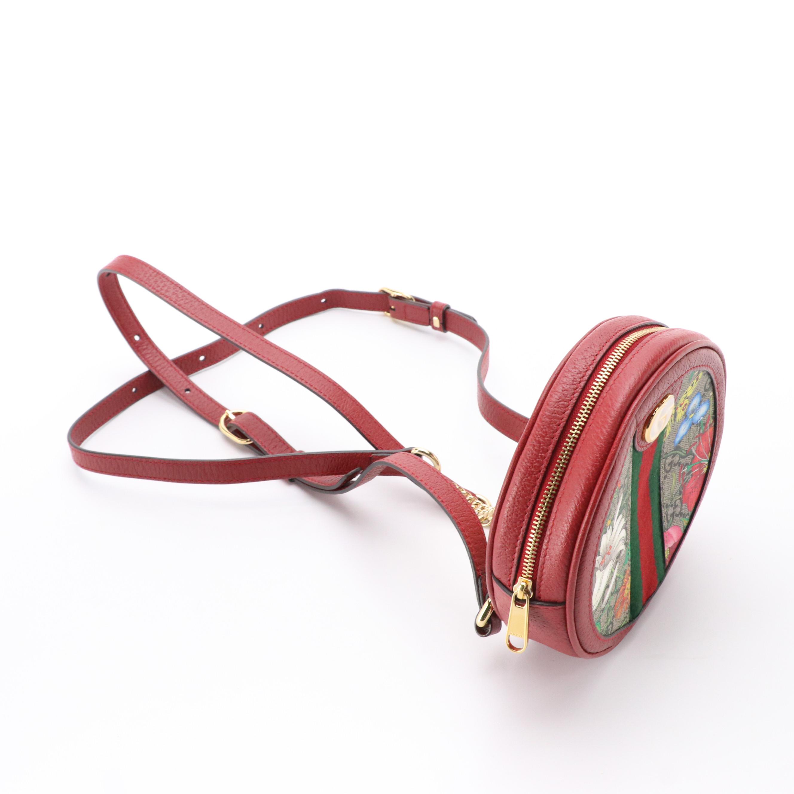 Gucci Ophidia Round Mini Backpack in Flora GG Supreme Canvas and Red Leather