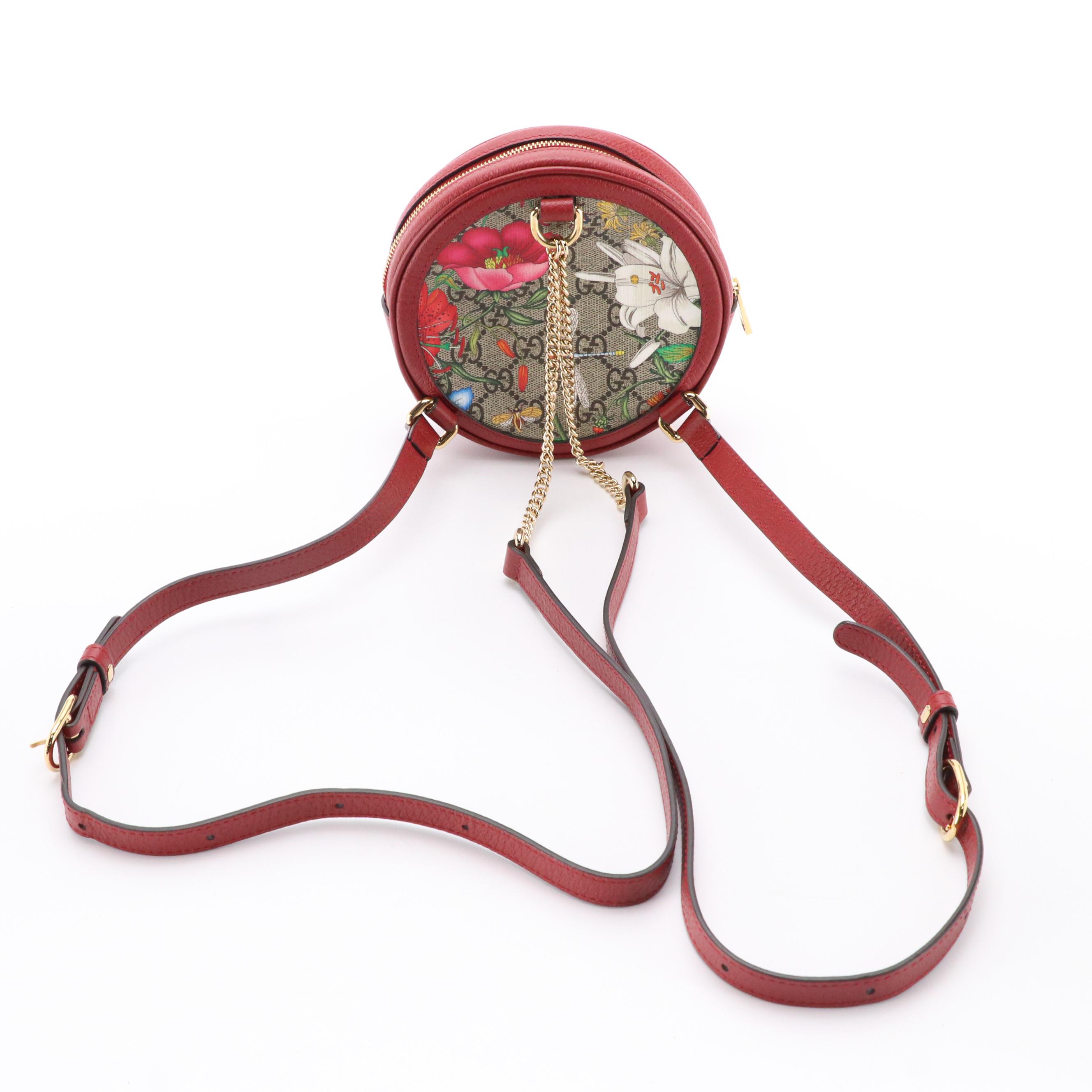 Gucci Ophidia Round Mini Backpack in Flora GG Supreme Canvas and Red Leather