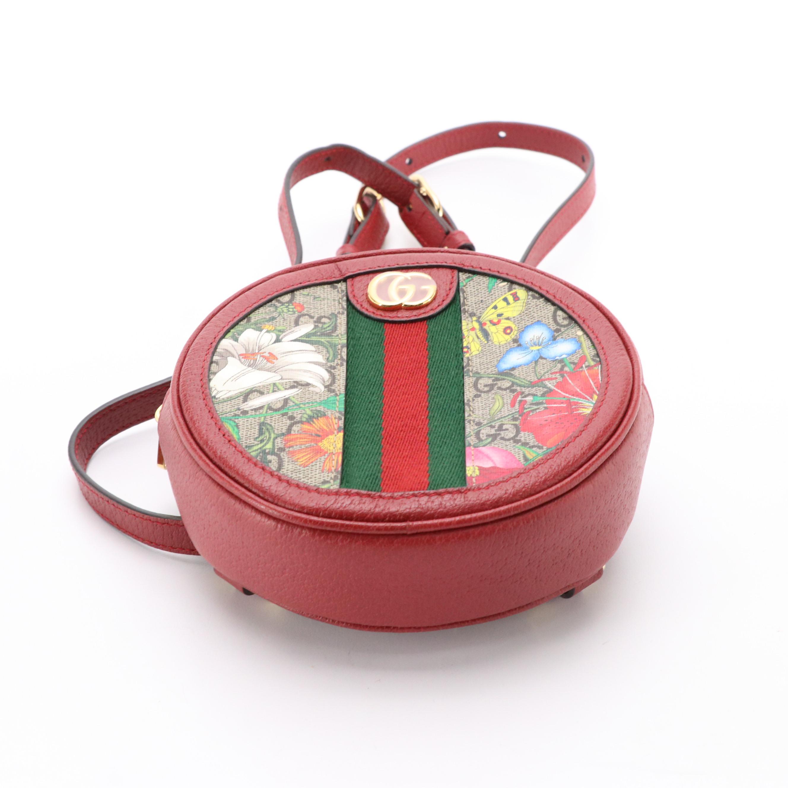 Gucci Ophidia Round Mini Backpack in Flora GG Supreme Canvas and Red Leather