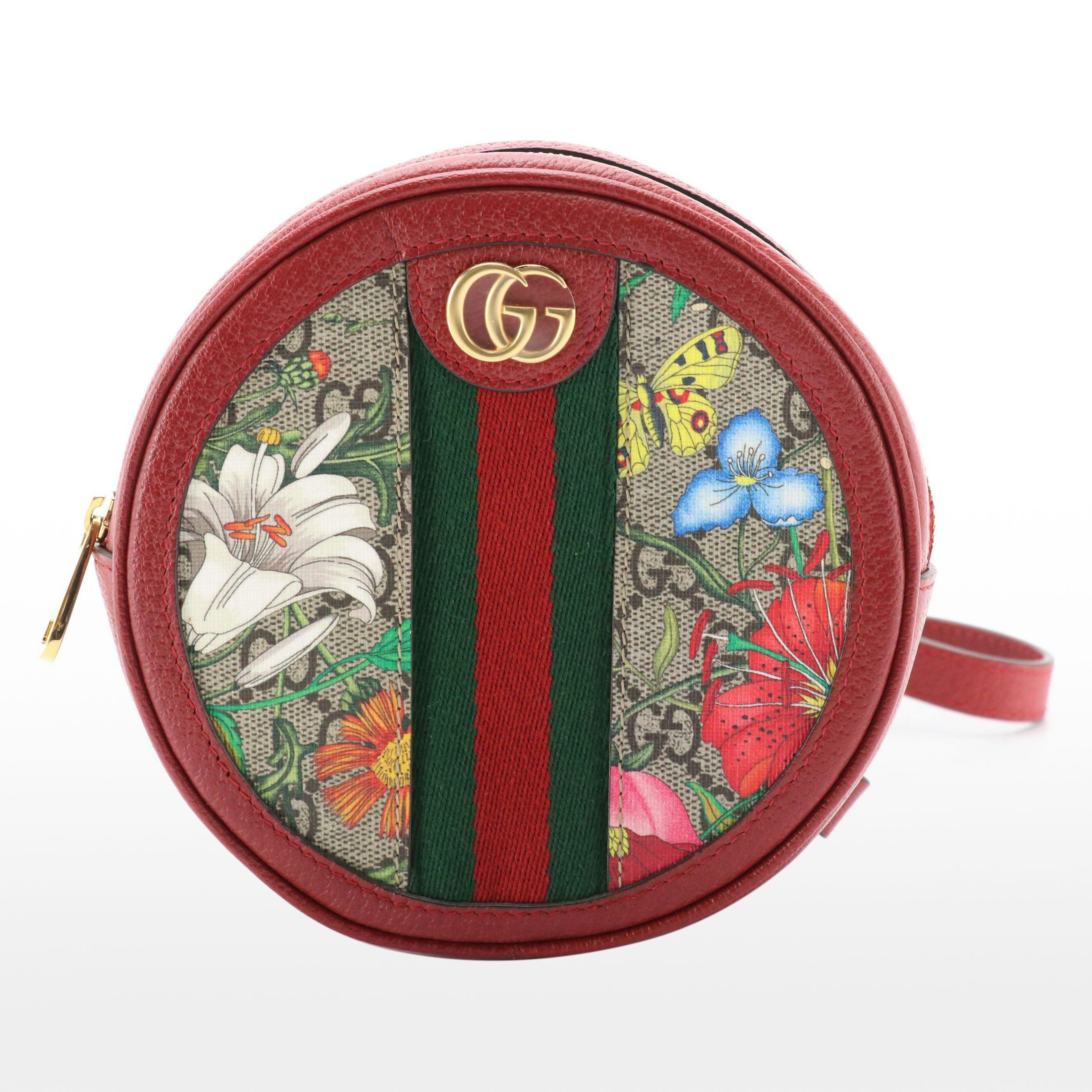 Gucci Ophidia Round Mini Backpack in Flora GG Supreme Canvas and Red Leather
