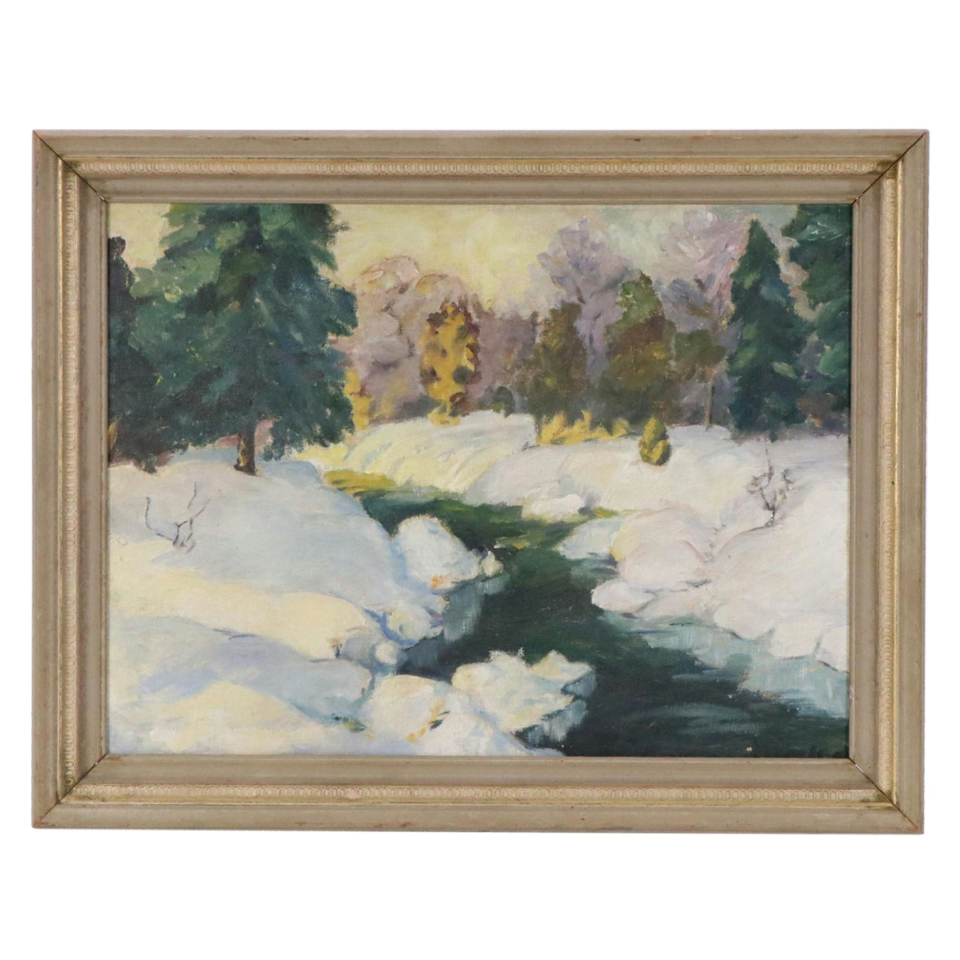 Modernist Oil Painting of Wintry Landscape, Early–Mid 20th Century
