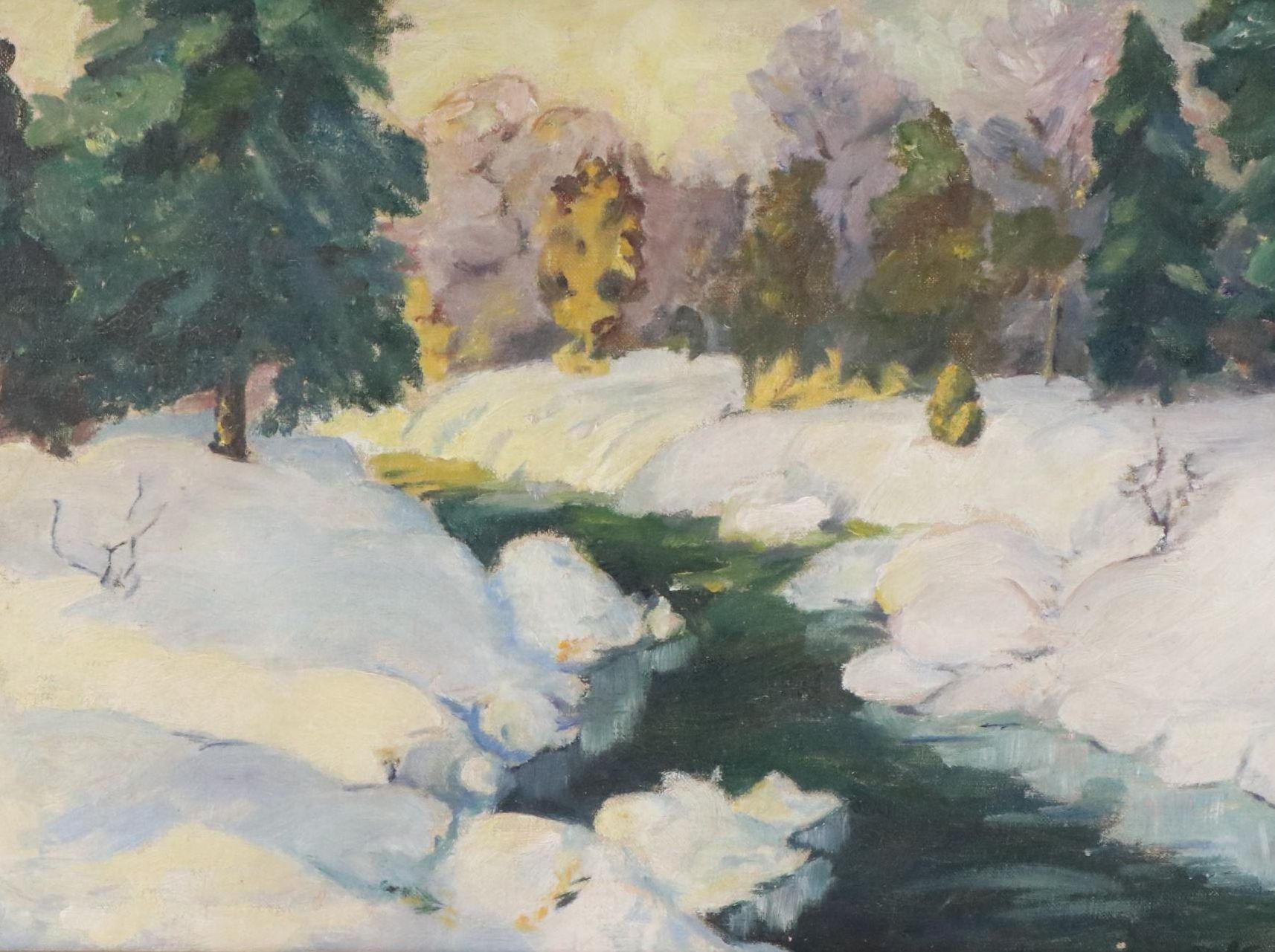 Modernist Oil Painting of Wintry Landscape, Early–Mid 20th Century