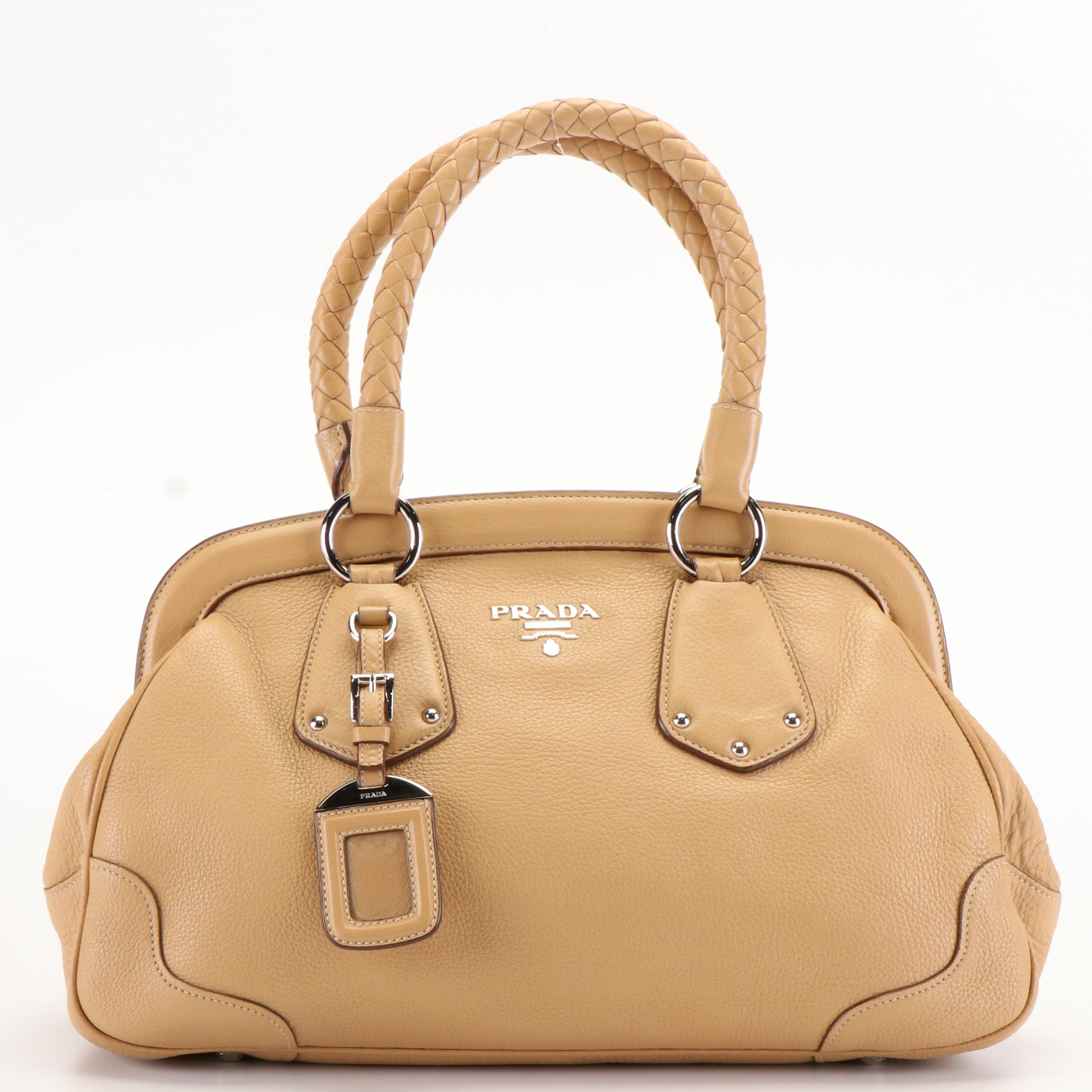 Prada Beige Pebbled Leather Cervo Bowler Satchel