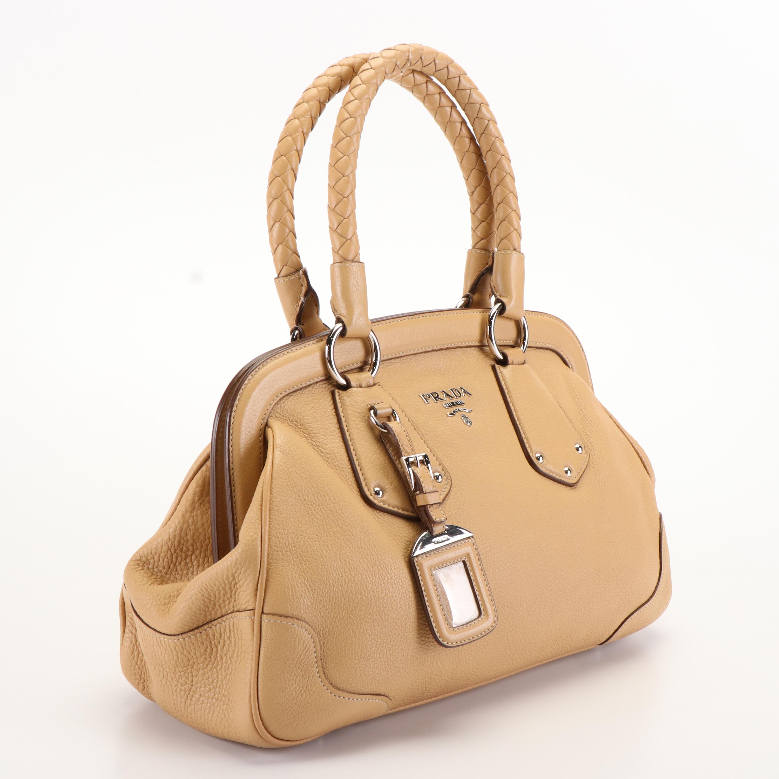 Prada Beige Pebbled Leather Cervo Bowler Satchel