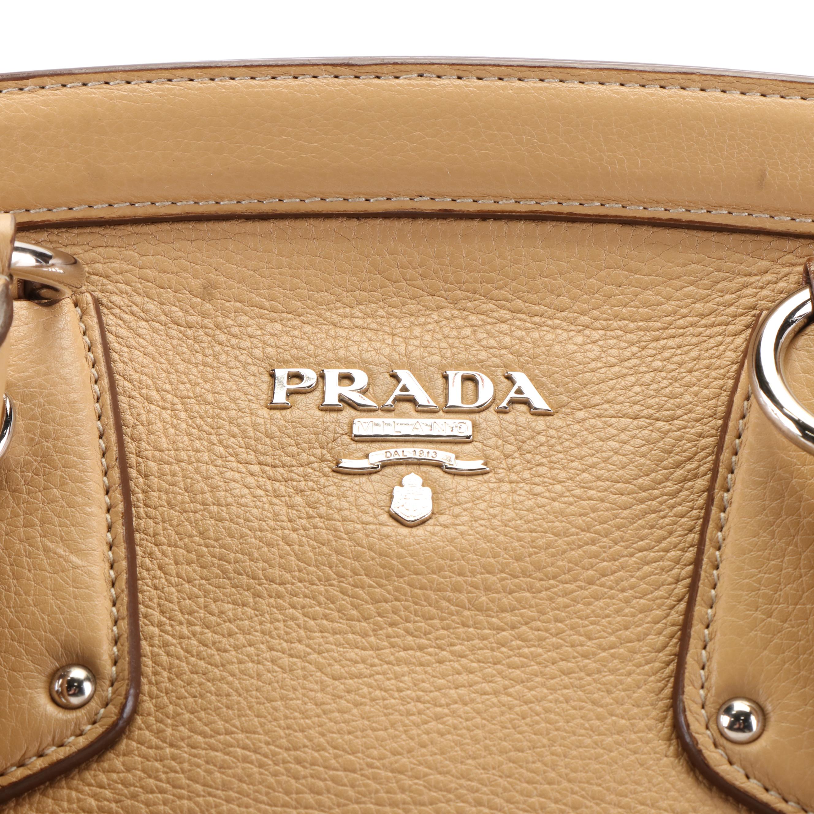 Prada Beige Pebbled Leather Cervo Bowler Satchel
