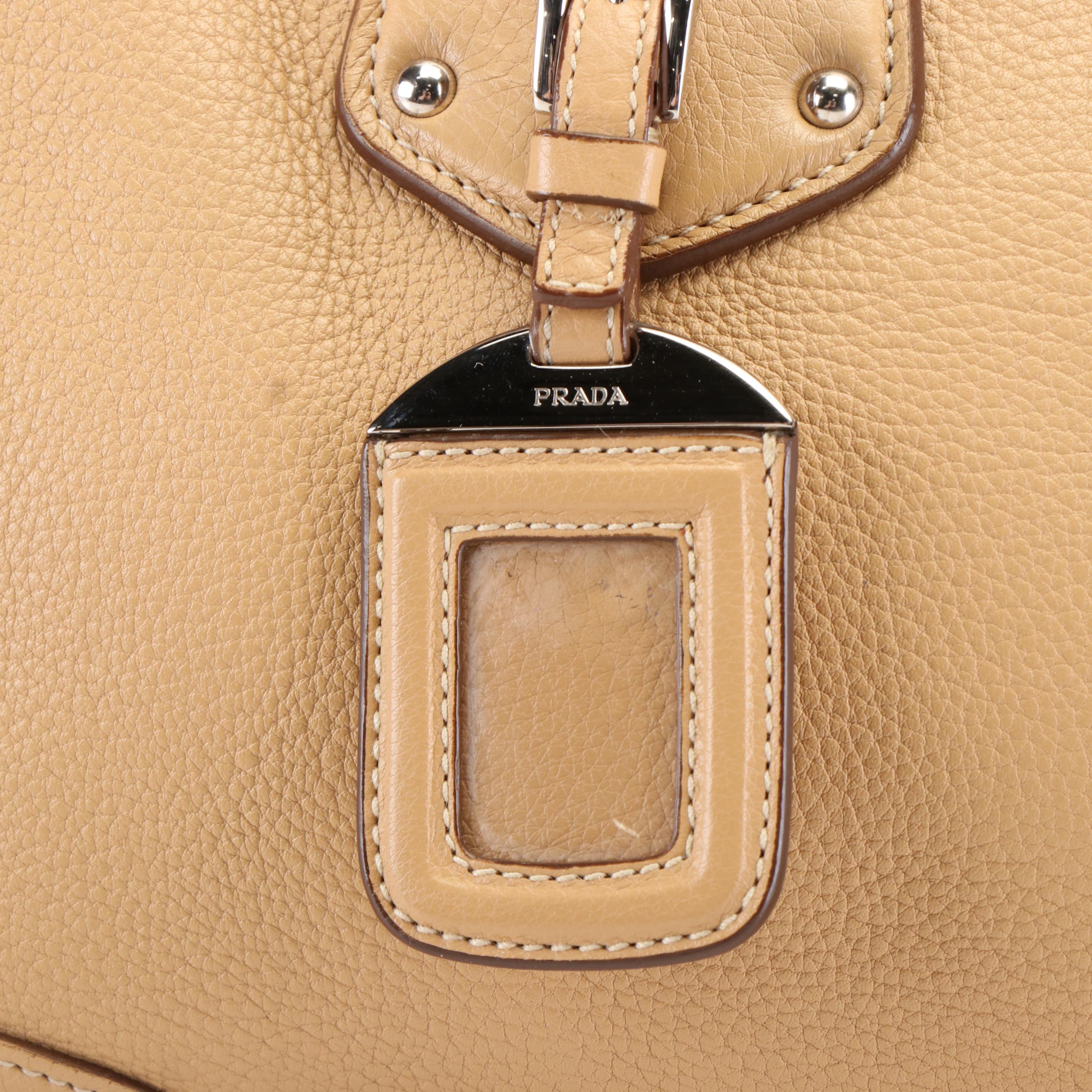 Prada Beige Pebbled Leather Cervo Bowler Satchel