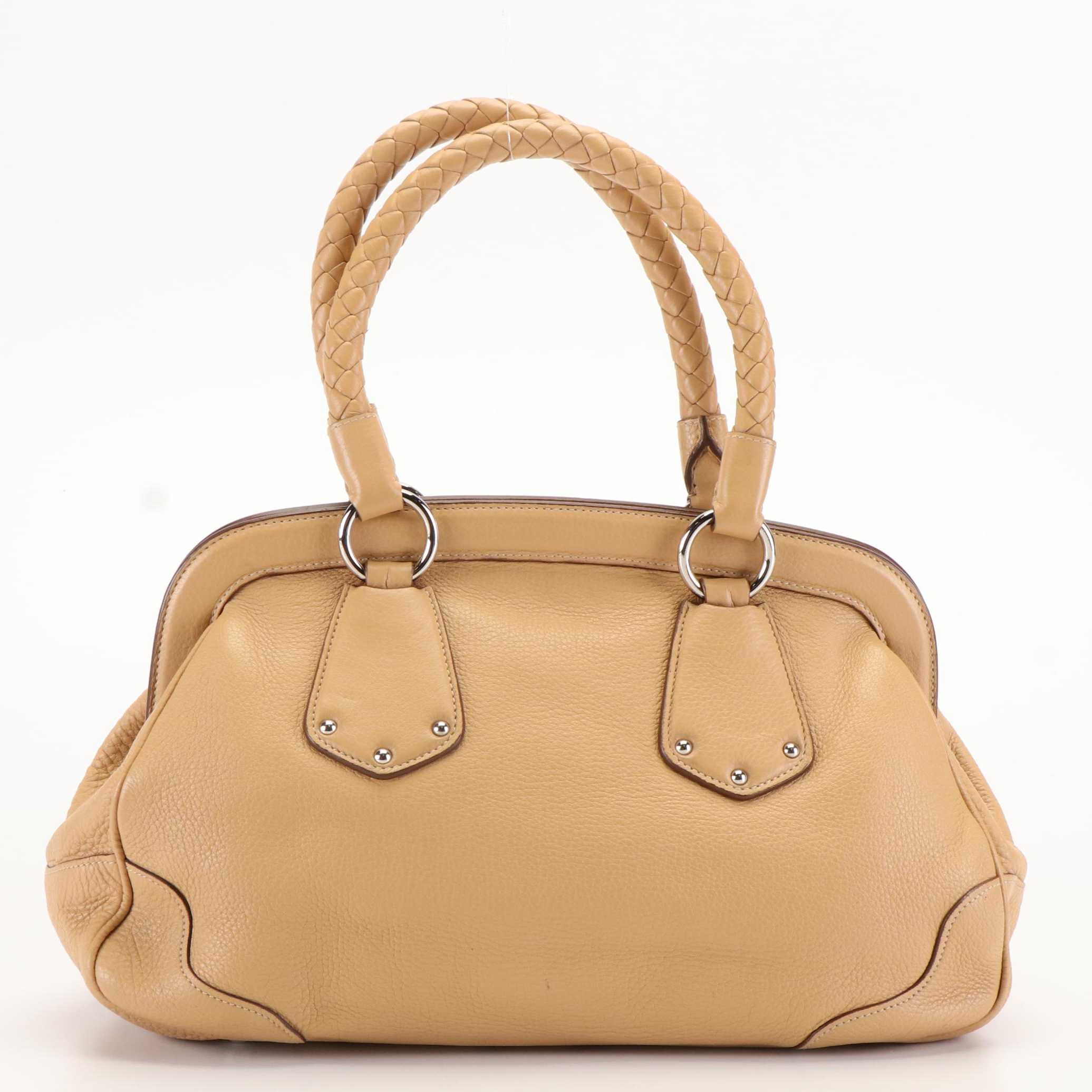 Prada Beige Pebbled Leather Cervo Bowler Satchel