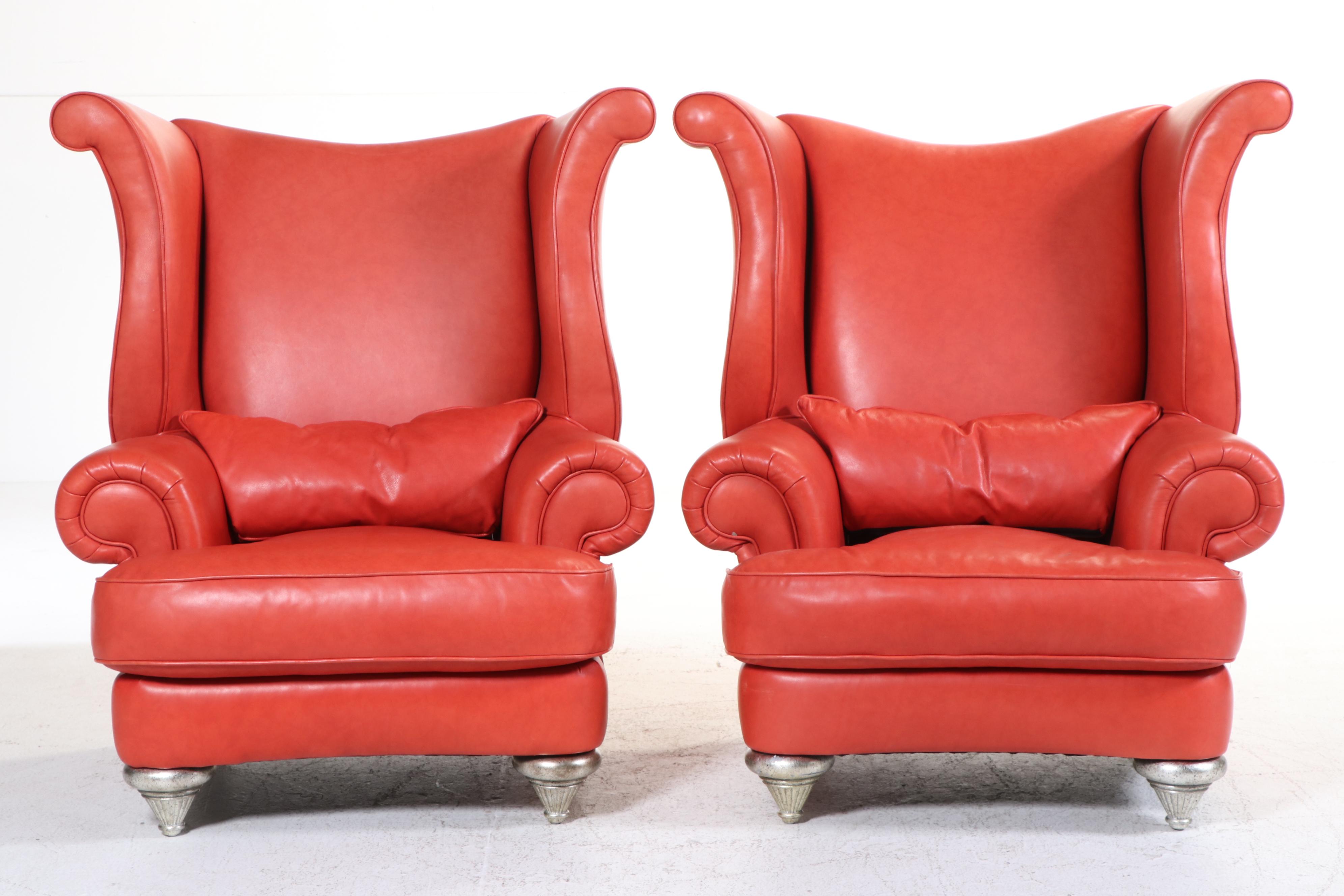 Pair of Thayer Coggin Red-Leather and Silver-Gilt Oversized Wingback Armchairs