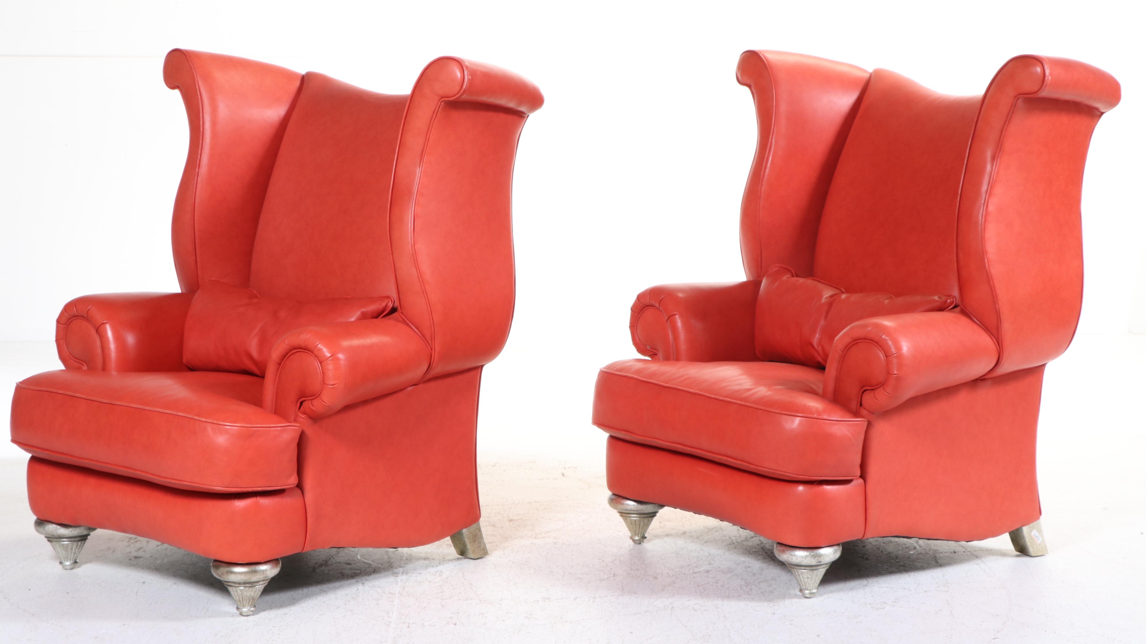 Pair of Thayer Coggin Red-Leather and Silver-Gilt Oversized Wingback Armchairs