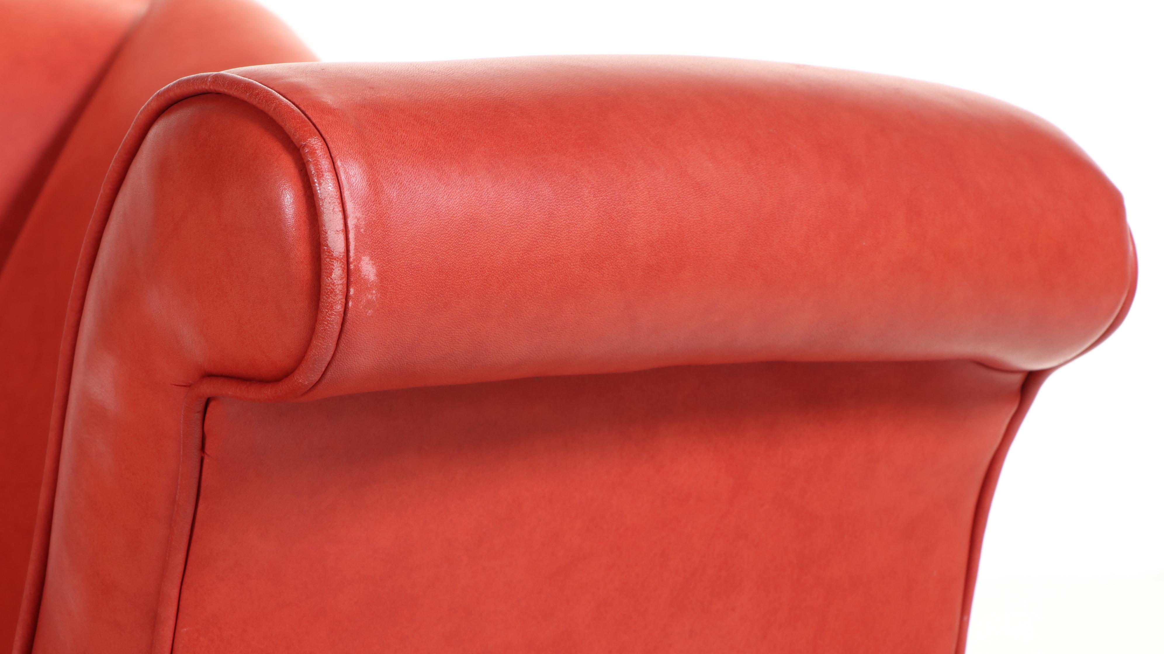 Pair of Thayer Coggin Red-Leather and Silver-Gilt Oversized Wingback Armchairs