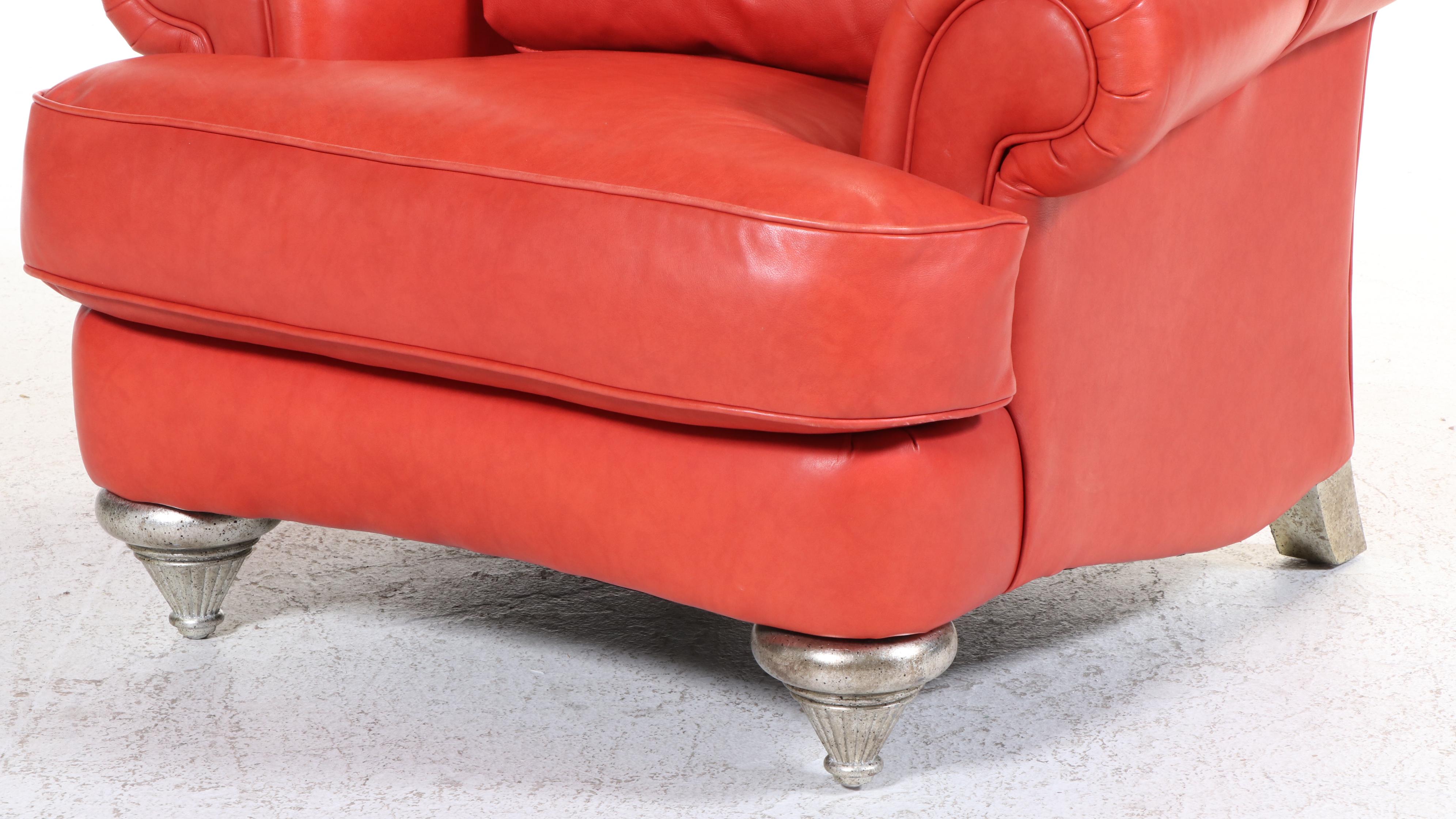 Pair of Thayer Coggin Red-Leather and Silver-Gilt Oversized Wingback Armchairs