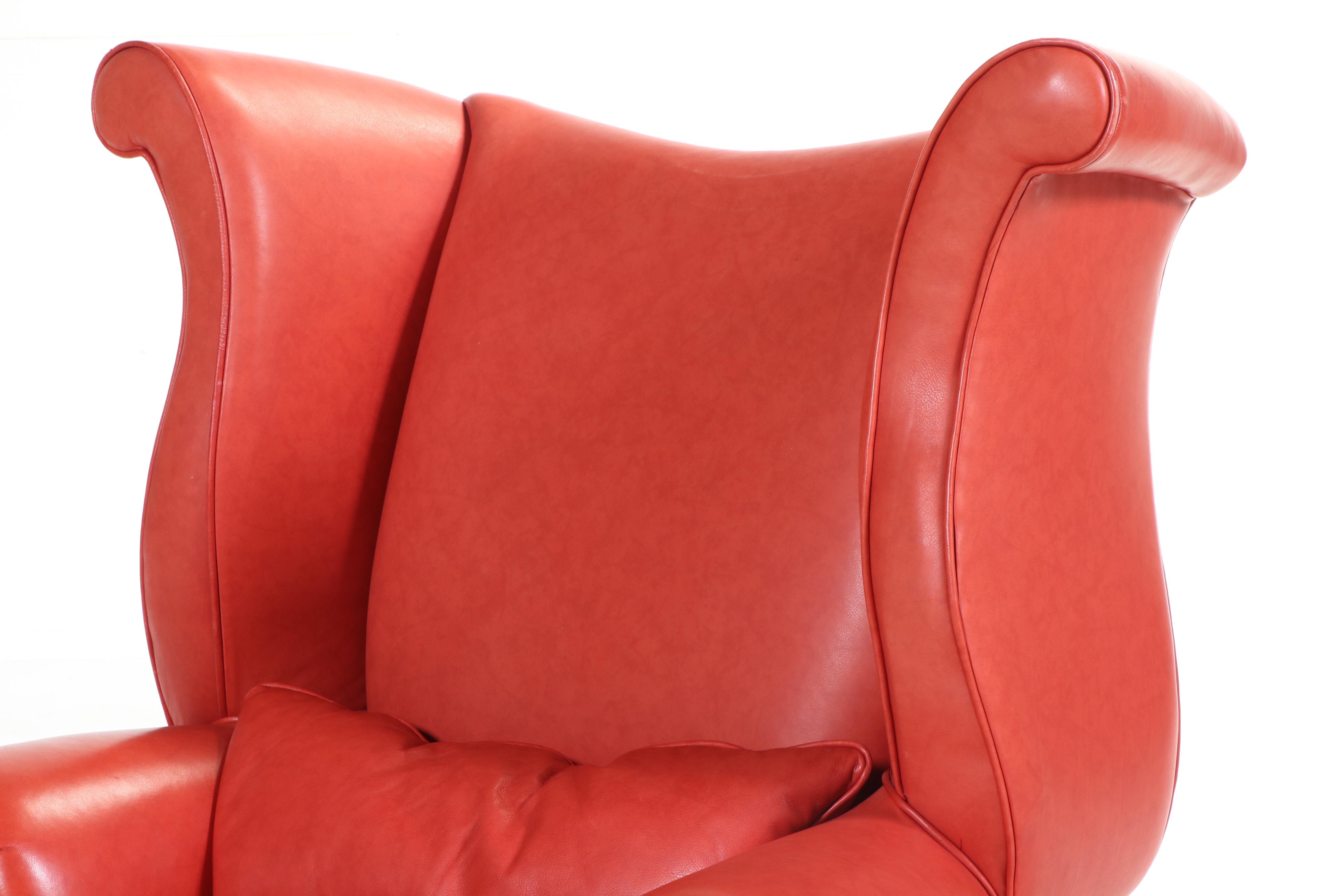 Pair of Thayer Coggin Red-Leather and Silver-Gilt Oversized Wingback Armchairs