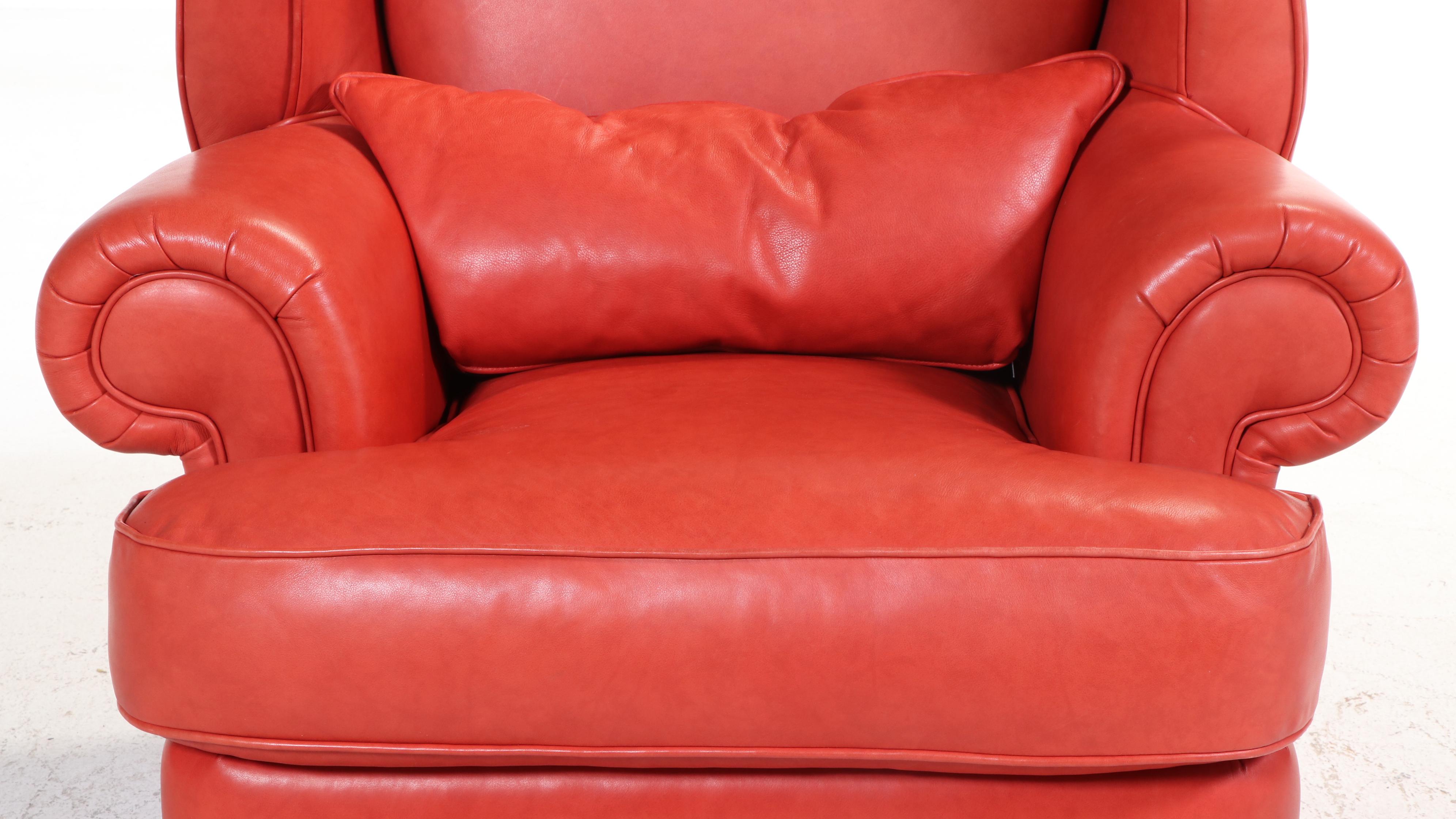 Pair of Thayer Coggin Red-Leather and Silver-Gilt Oversized Wingback Armchairs