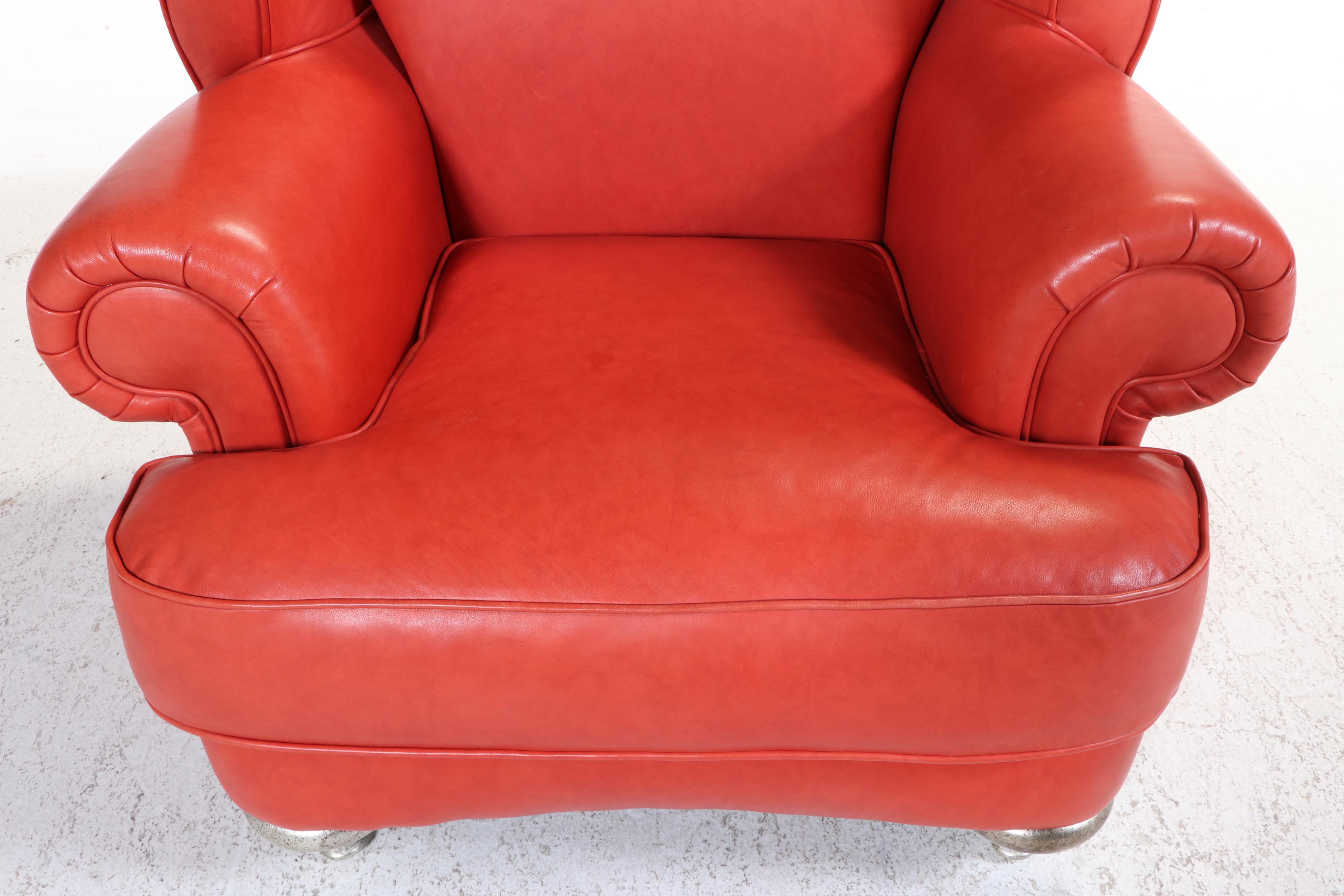 Pair of Thayer Coggin Red-Leather and Silver-Gilt Oversized Wingback Armchairs