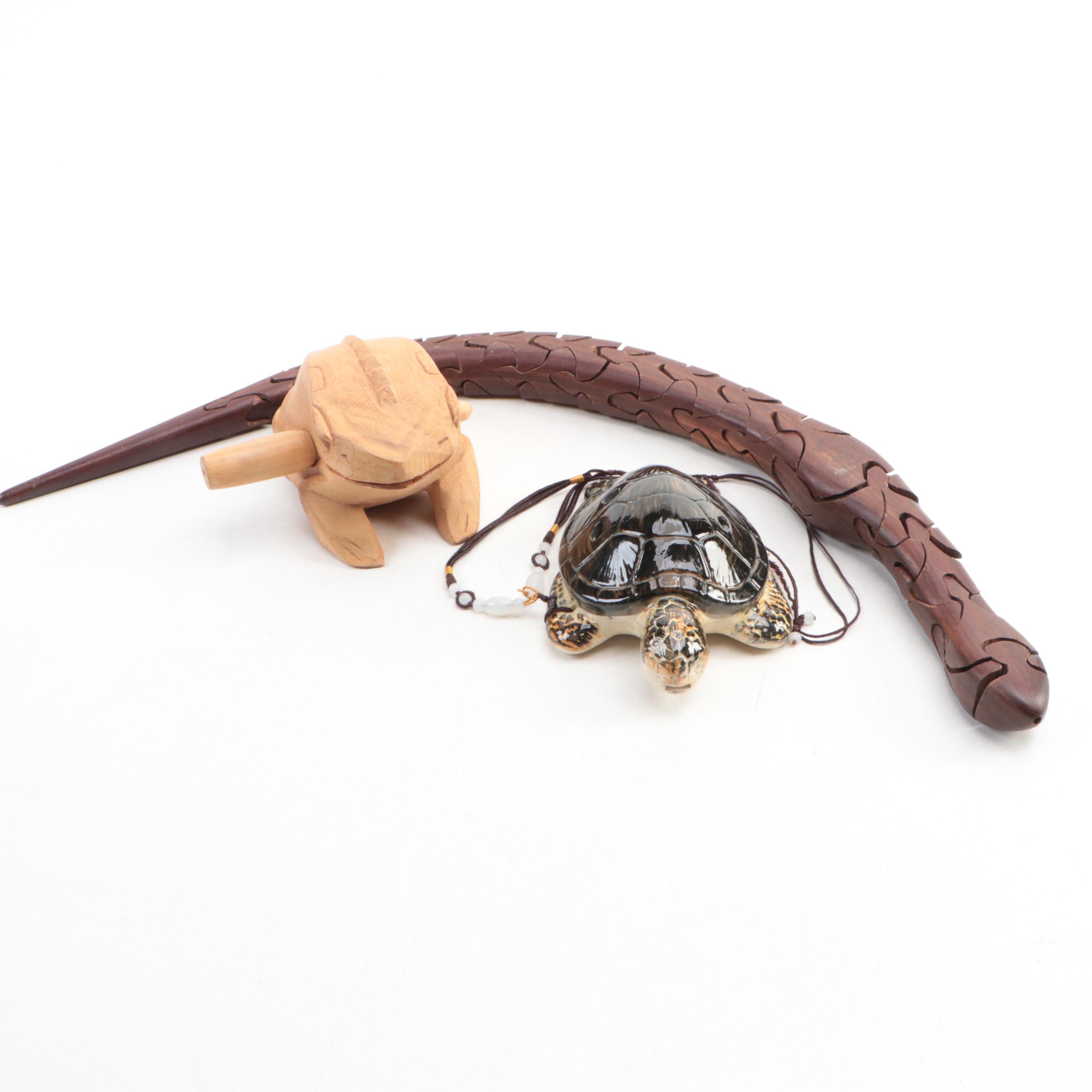 Wood Articulated Snake with Maui Turtle Ocarina and Wood Frog Guiro