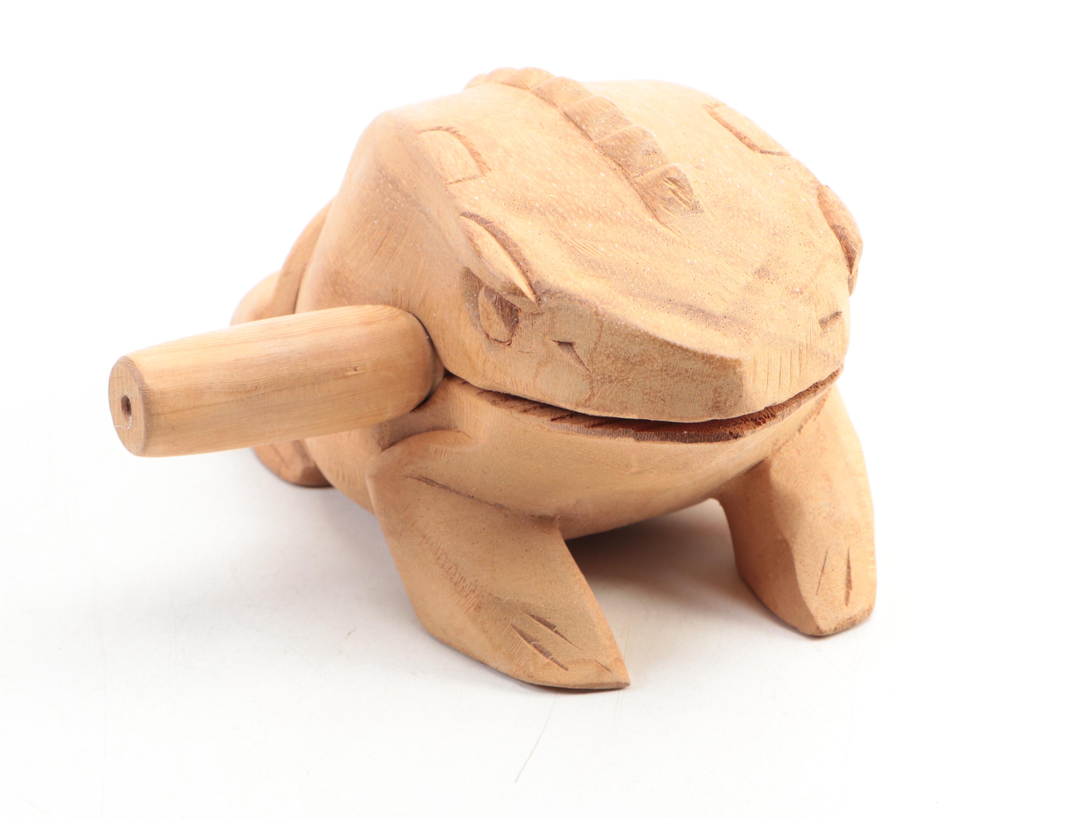 Wood Articulated Snake with Maui Turtle Ocarina and Wood Frog Guiro