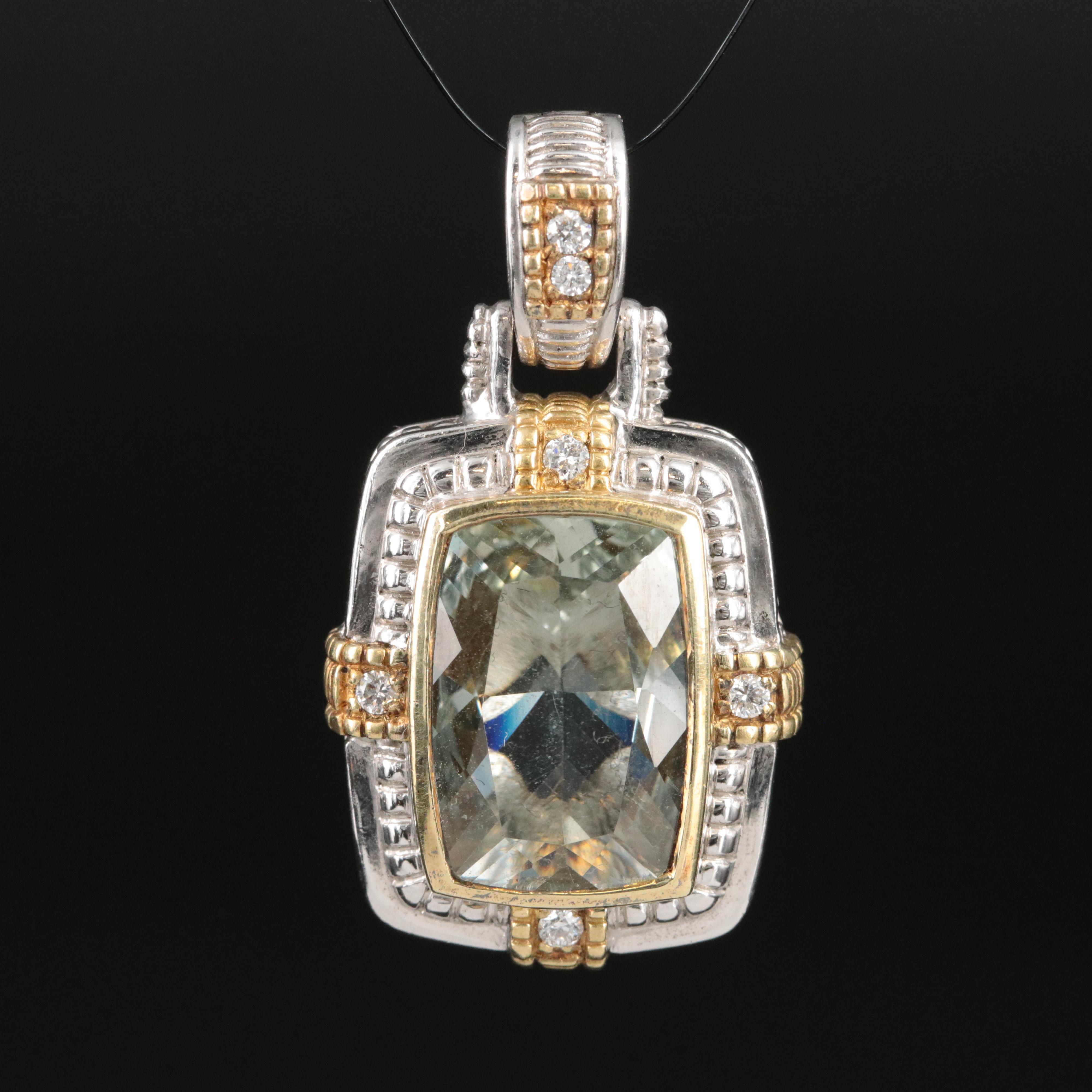 Judith Ripka Sterling Prasiolite and Diamond Enhancer Pendant with 18K Accents